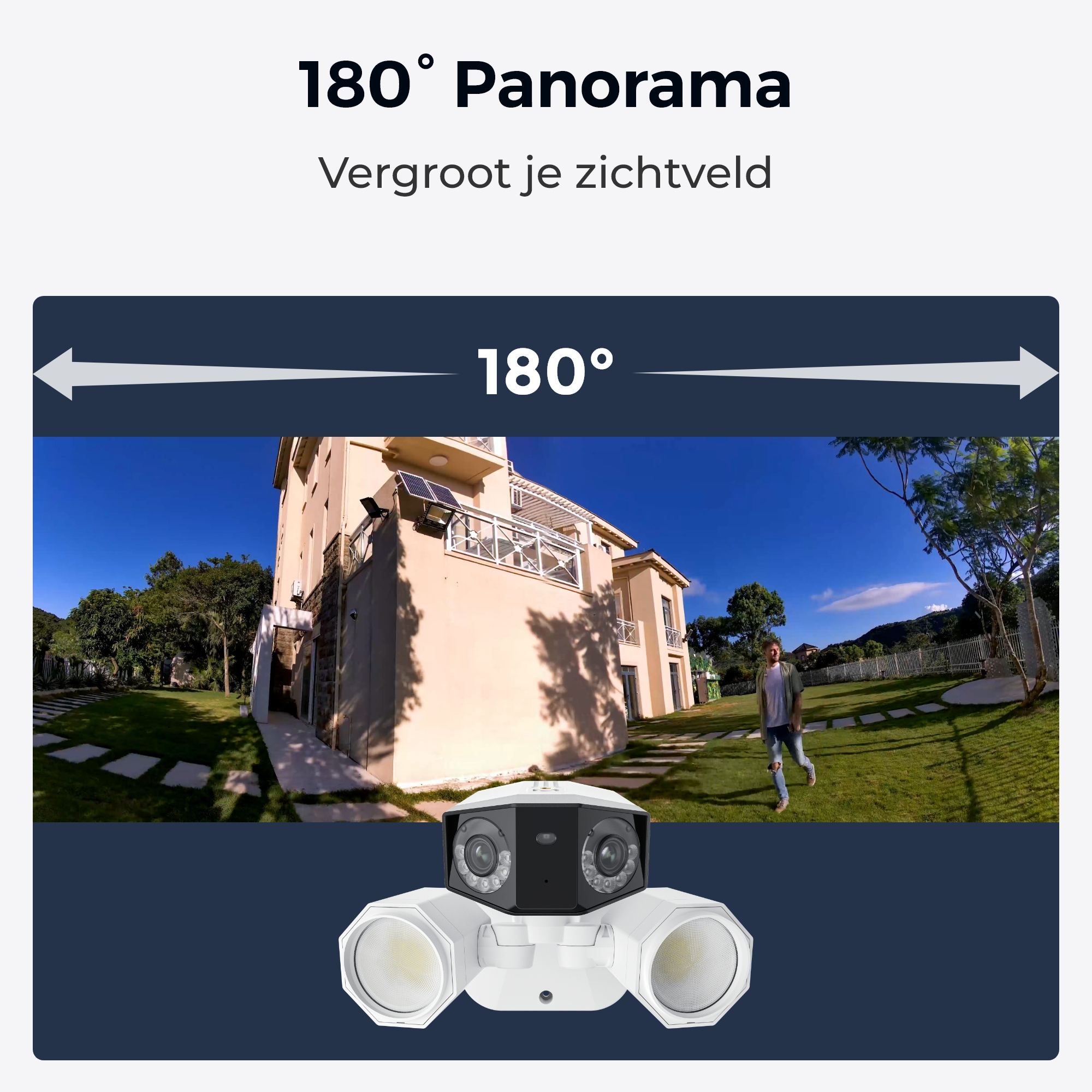 Panorama 180° z kamerą i domem w tle. Osoba idzie po trawie.
