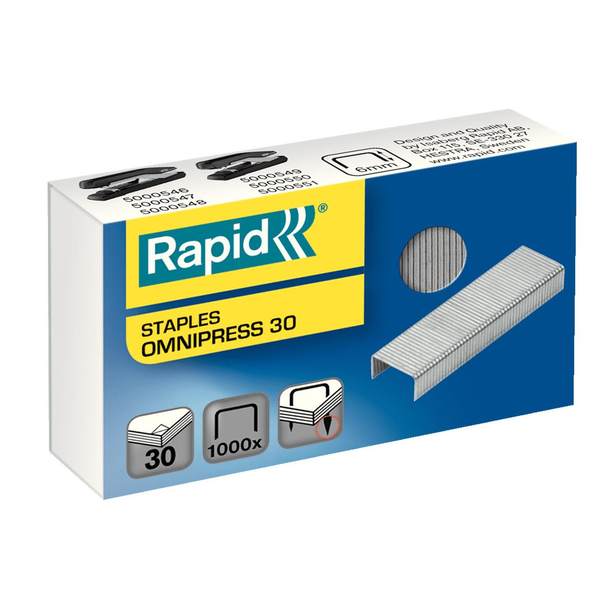 Pudełko Rapid Staples Omnipress 30, ze zszywkami i zszywaczem na białym tle.