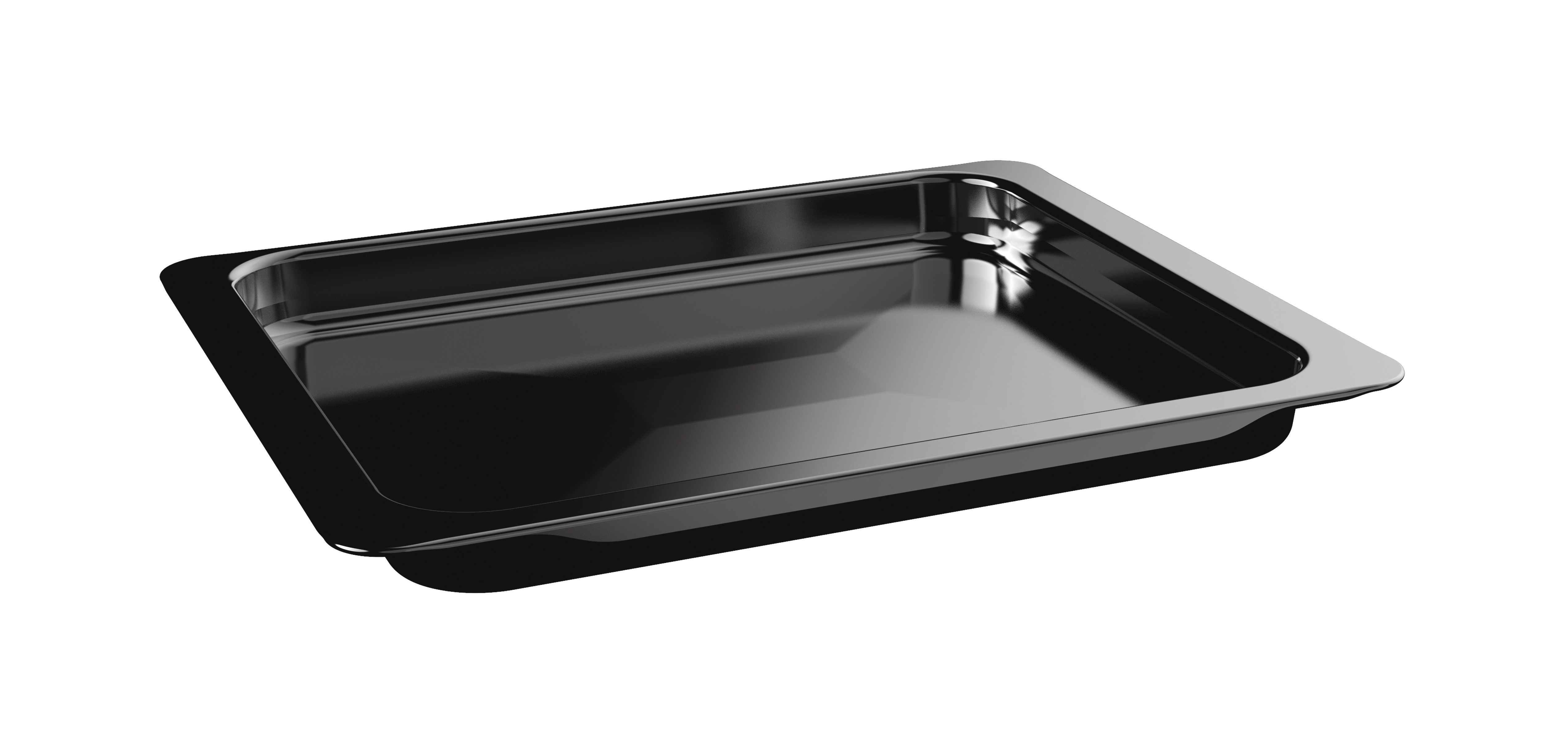Czarna prostokątna blacha do pieczenia, błyszcząca powierzchnia, na białym tle.