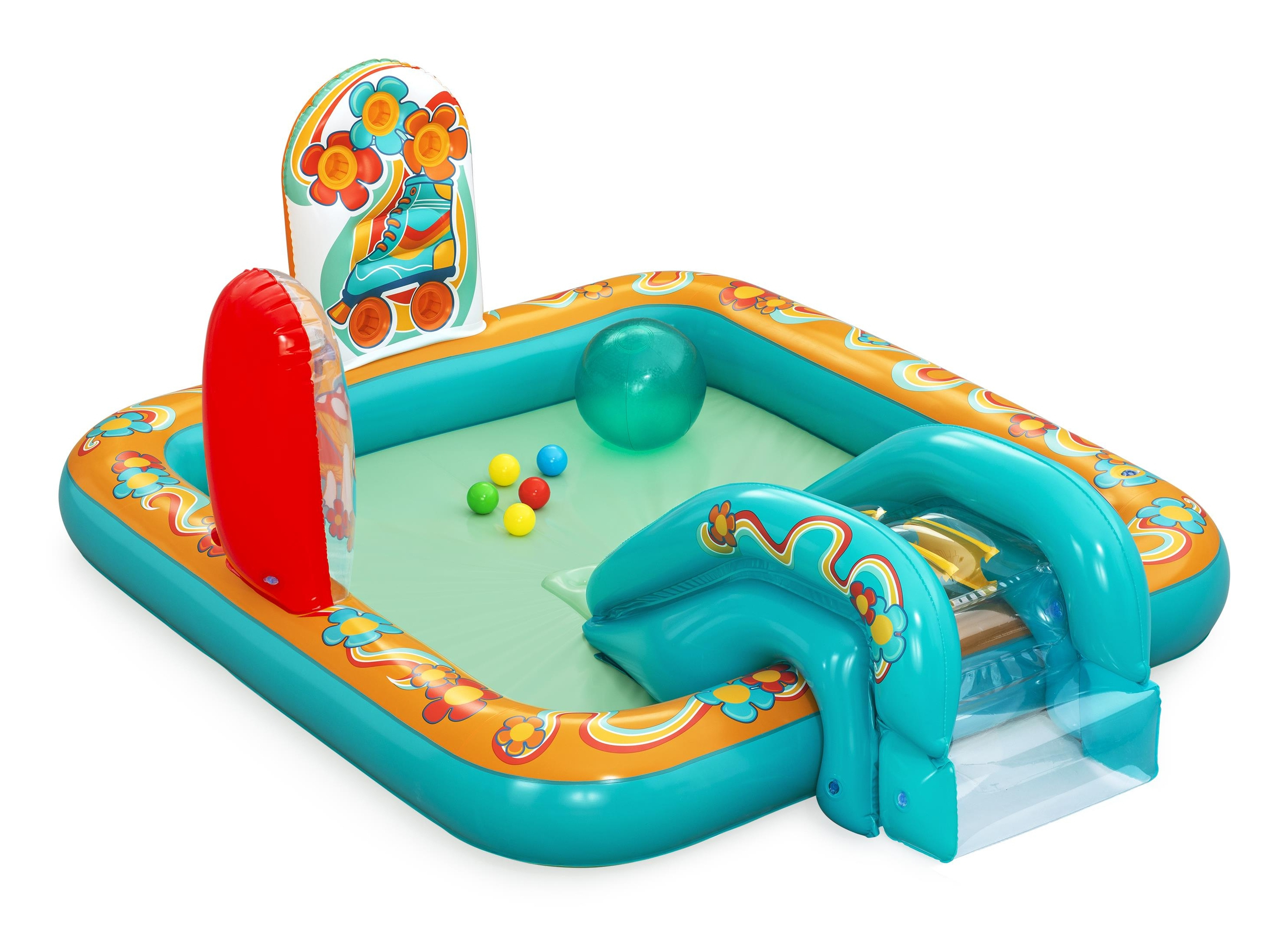 Aufblasbarer Pool mit farbenfrohem Design, einschließlich Rutsche und Dekorationen.