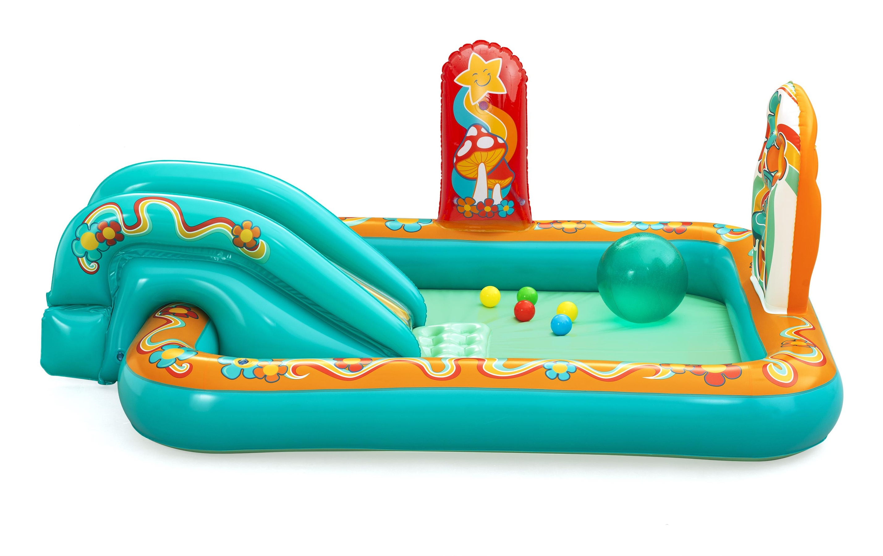 Aufblasbarer Spielpool mit Rutsche, Ball und Dekorationen, freigestellt.