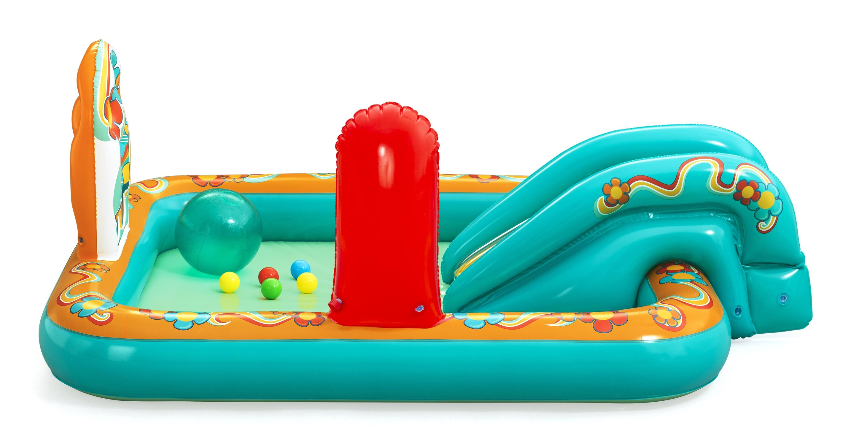 Ein aufblasbarer Pool mit Rutsche, Ball und verschiedenen bunten Elementen.