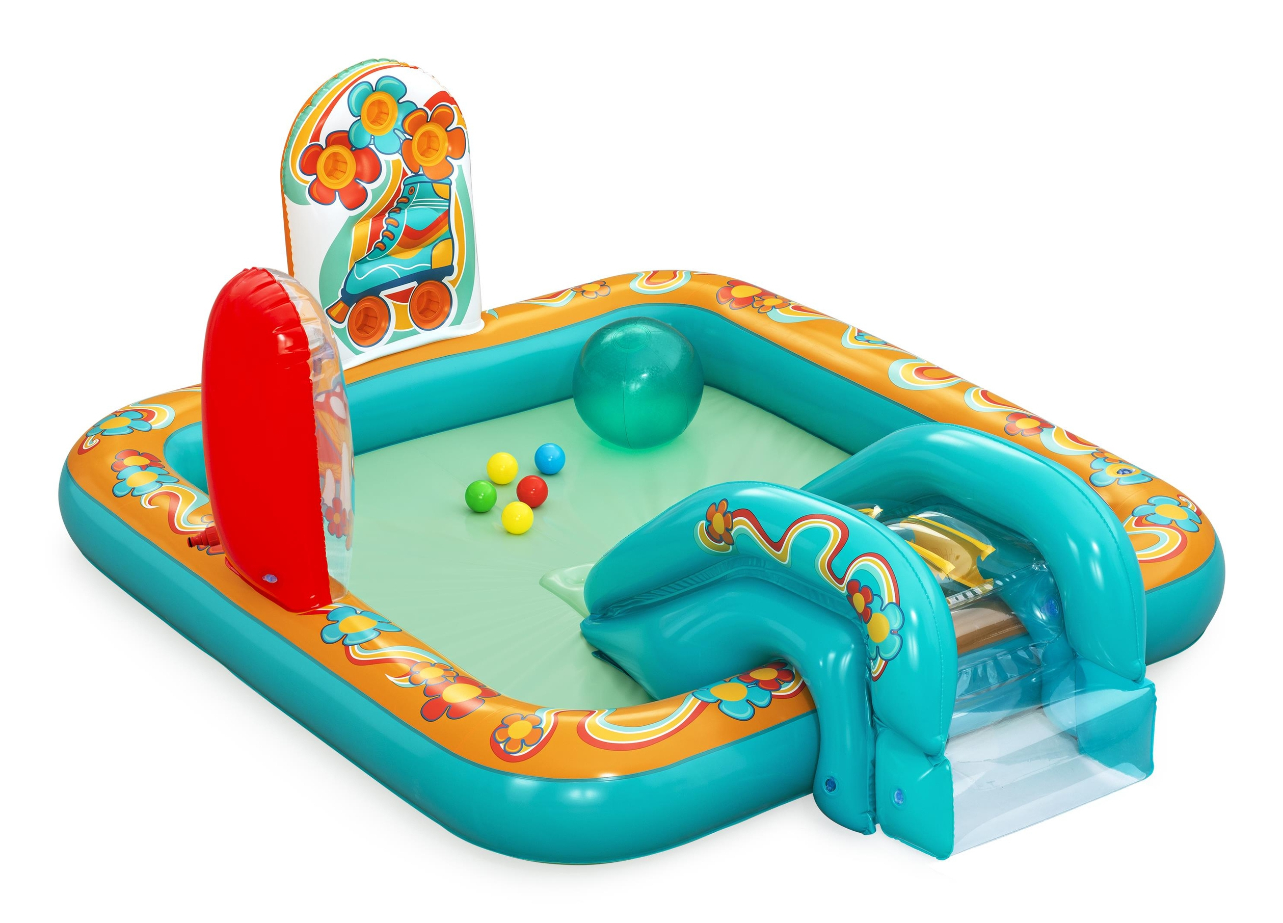 Aufblasbarer Pool mit Rutsche und Dekorationen, gefüllt mit Wasser und Bällen.