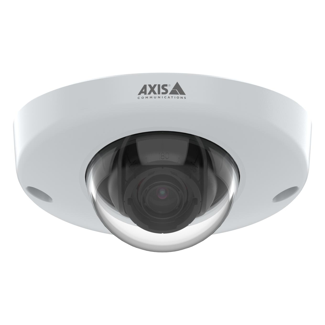 Telecamera di sicurezza Axis bianca. Cupola dell'obiettivo nera, con il marchio in alto.