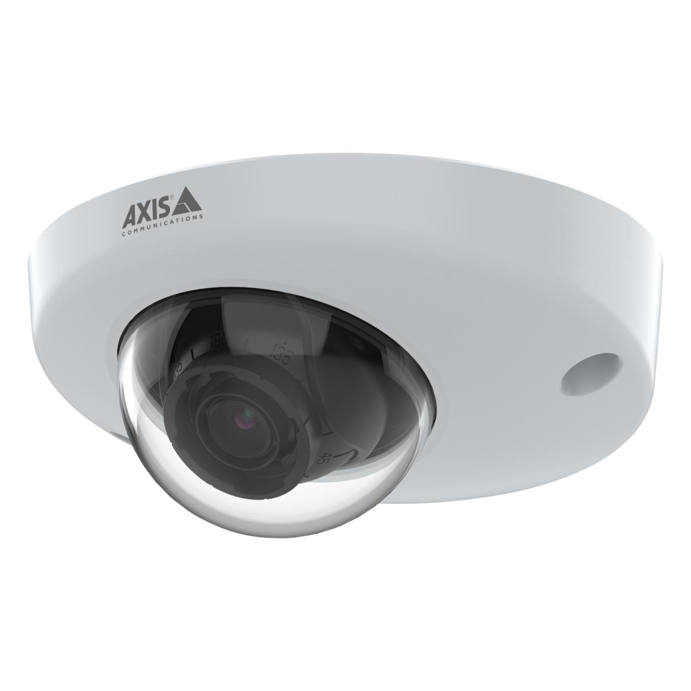 Telecamera di sicurezza Axis bianca, con cupola trasparente e lente nera.