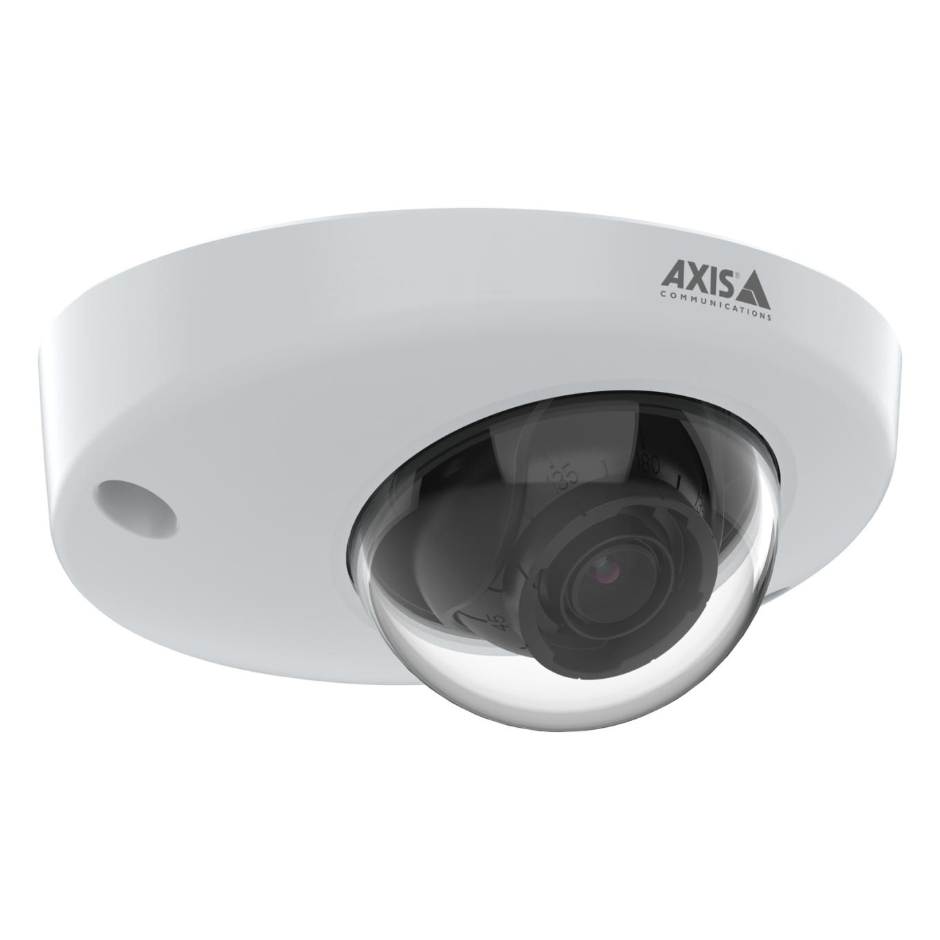 Telecamera di sicurezza Axis bianca con lente scura e copertura trasparente a cupola.