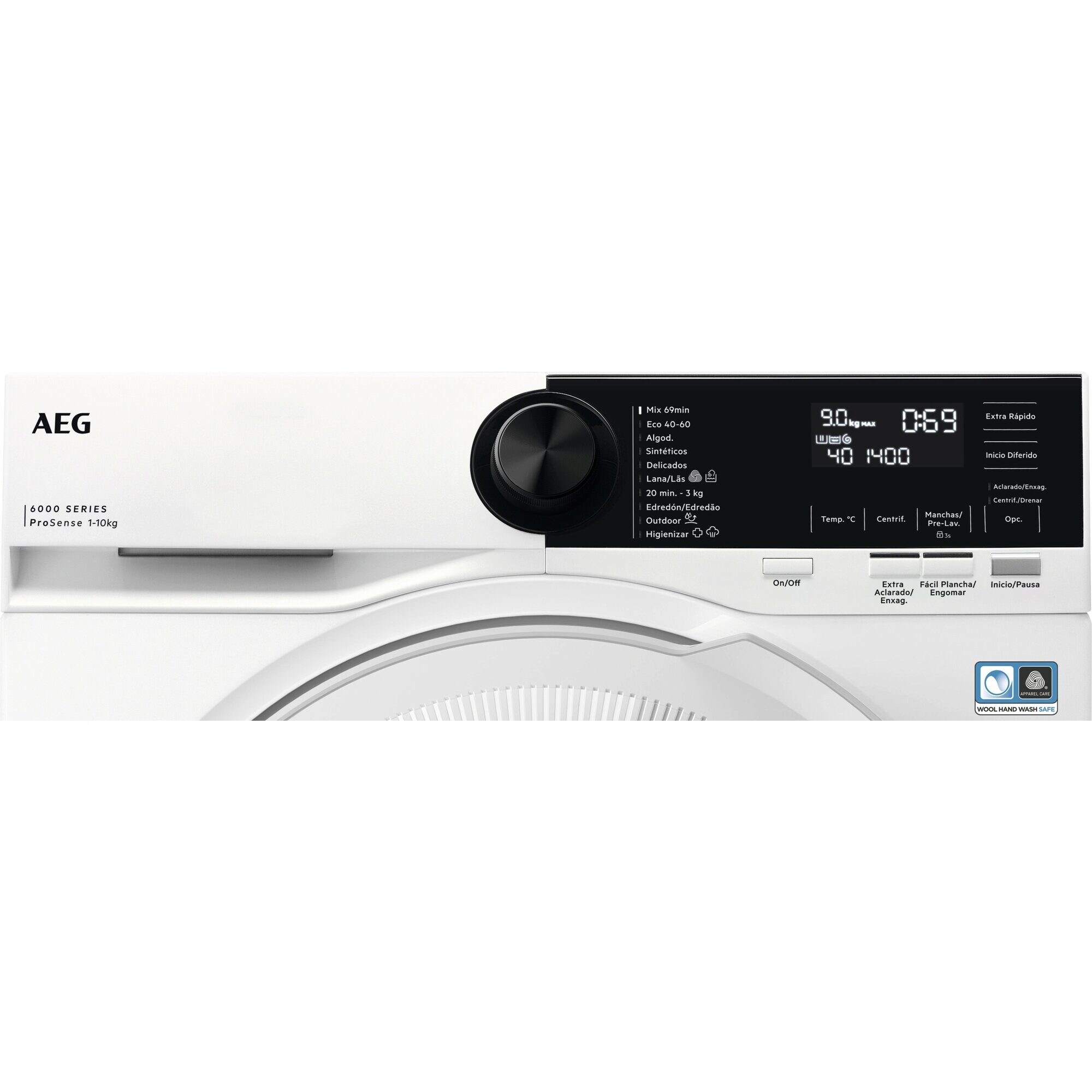 Secadora AEG blanca con panel de control negro, pantalla y varios botones e indicadores.
