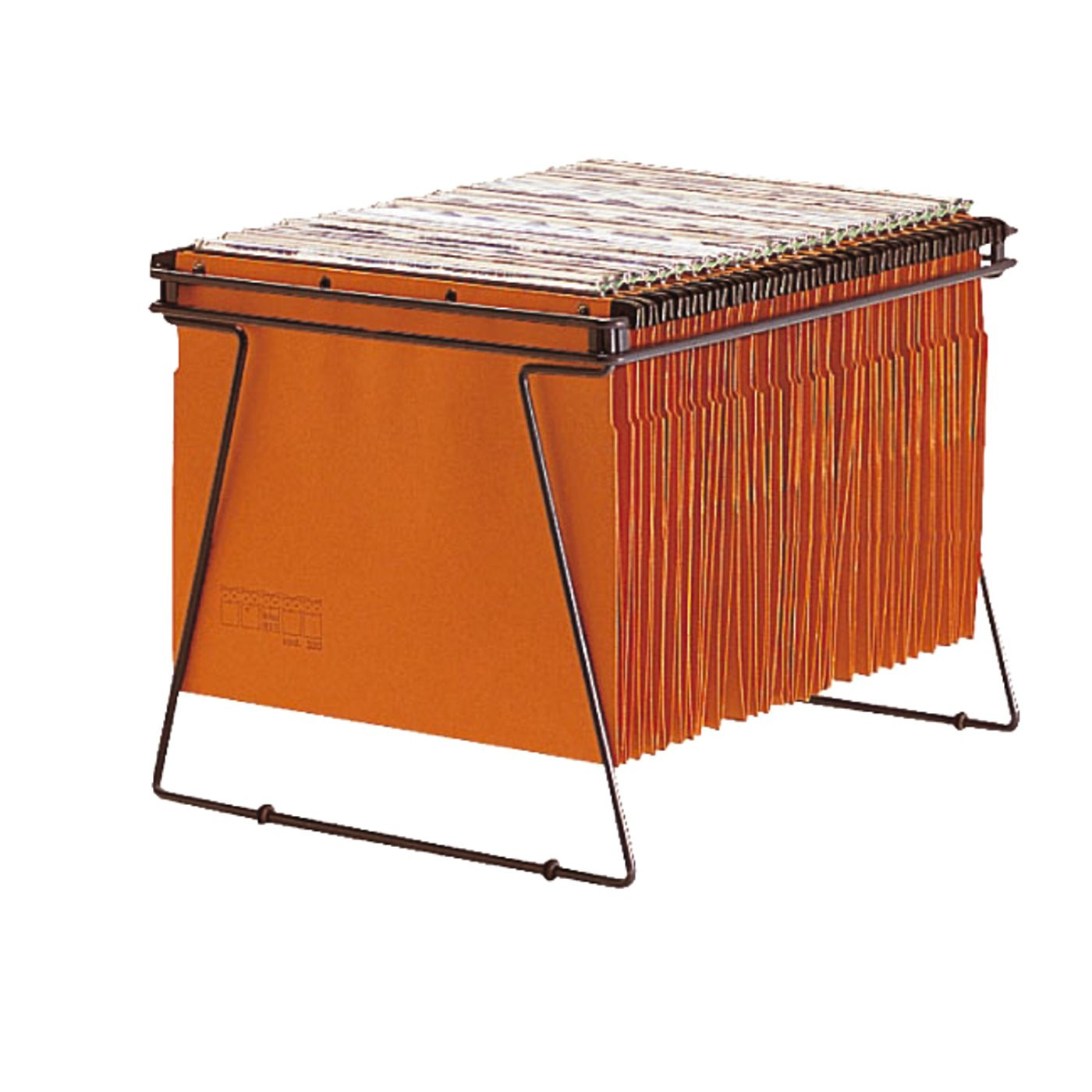 Szafa na akta z wieloma pomarańczowymi teczkami w czarnej ramie.