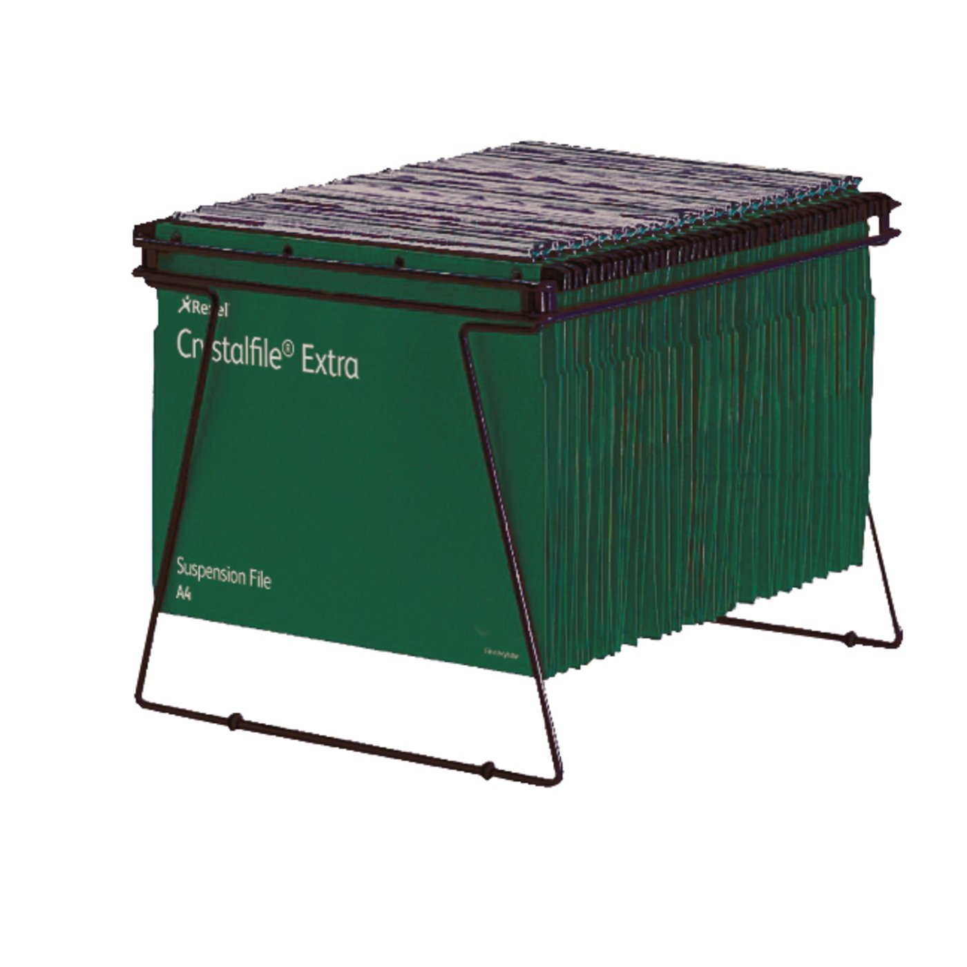 Zielone pliki w czarnej metalowej ramie. Tekst na plikach brzmi 'Crystalfile Extra'.