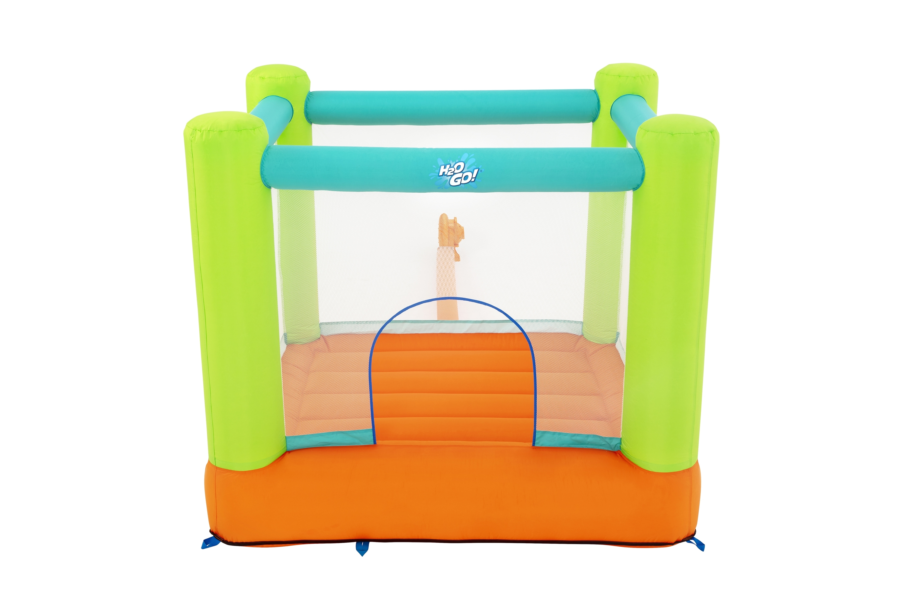 Castillo hinchable inflable con detalles verdes y turquesas. El logo H2O GO! es visible.