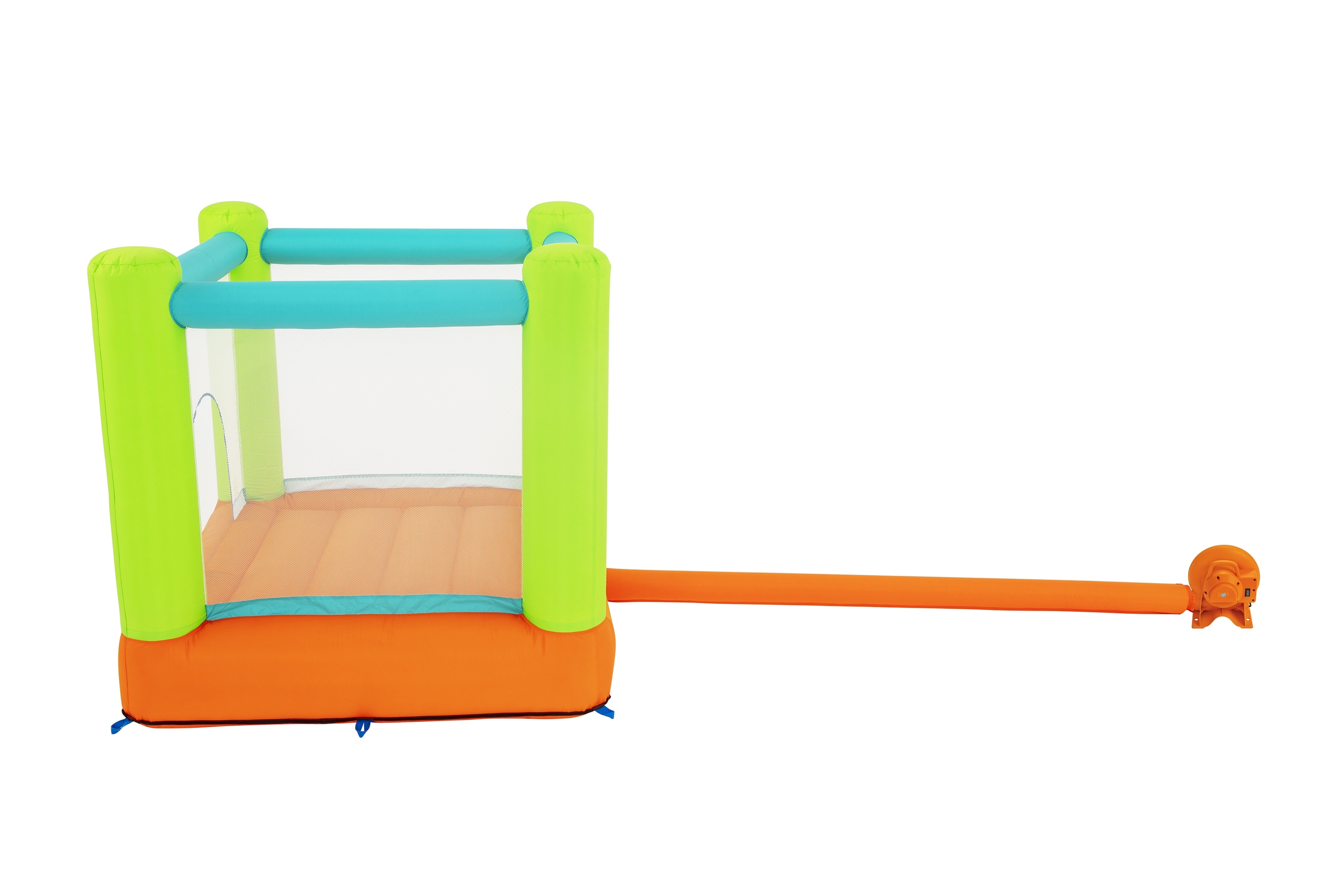 Castillo hinchable inflable. Base naranja, detalles verdes y turquesa. Un ventilador adjunto.
