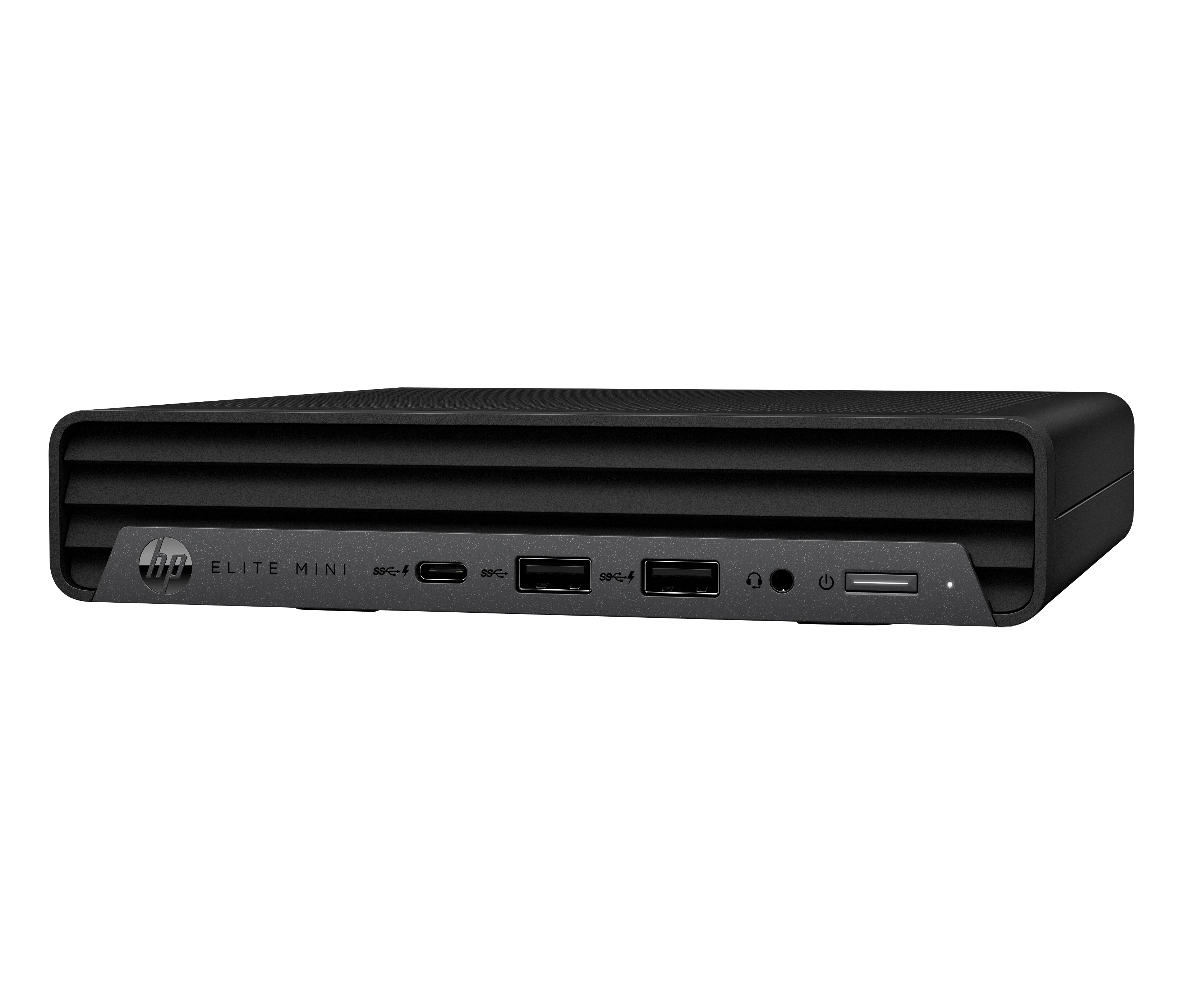 PC HP Elite Mini nero. Vista frontale, porte visibili. Sfondo nero.