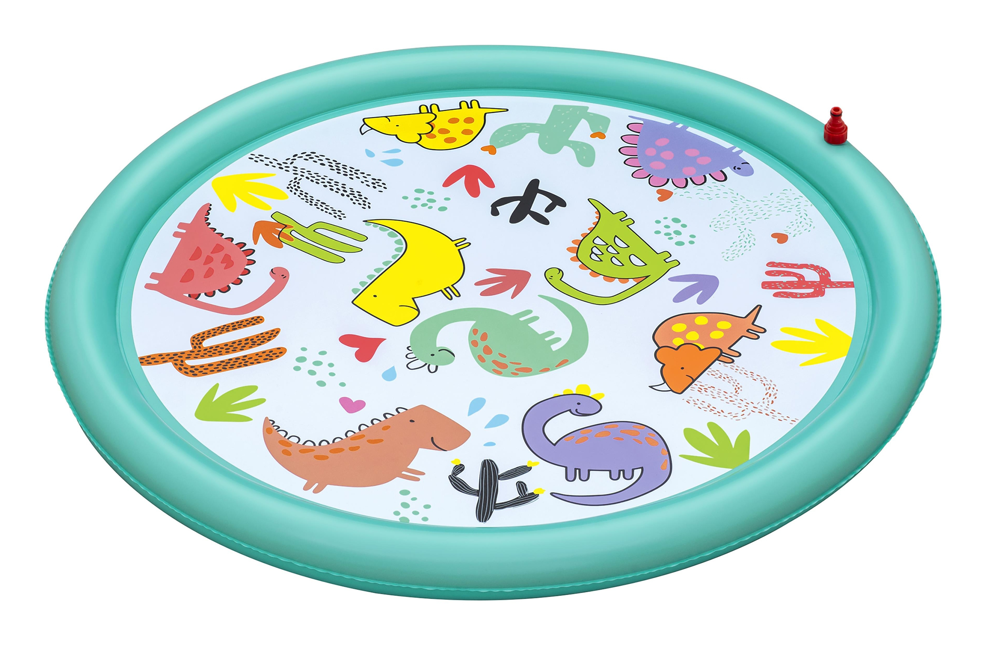 Piscina gonfiabile rotonda, azzurra con dinosauri. L'acqua viene spruzzata all'interno.