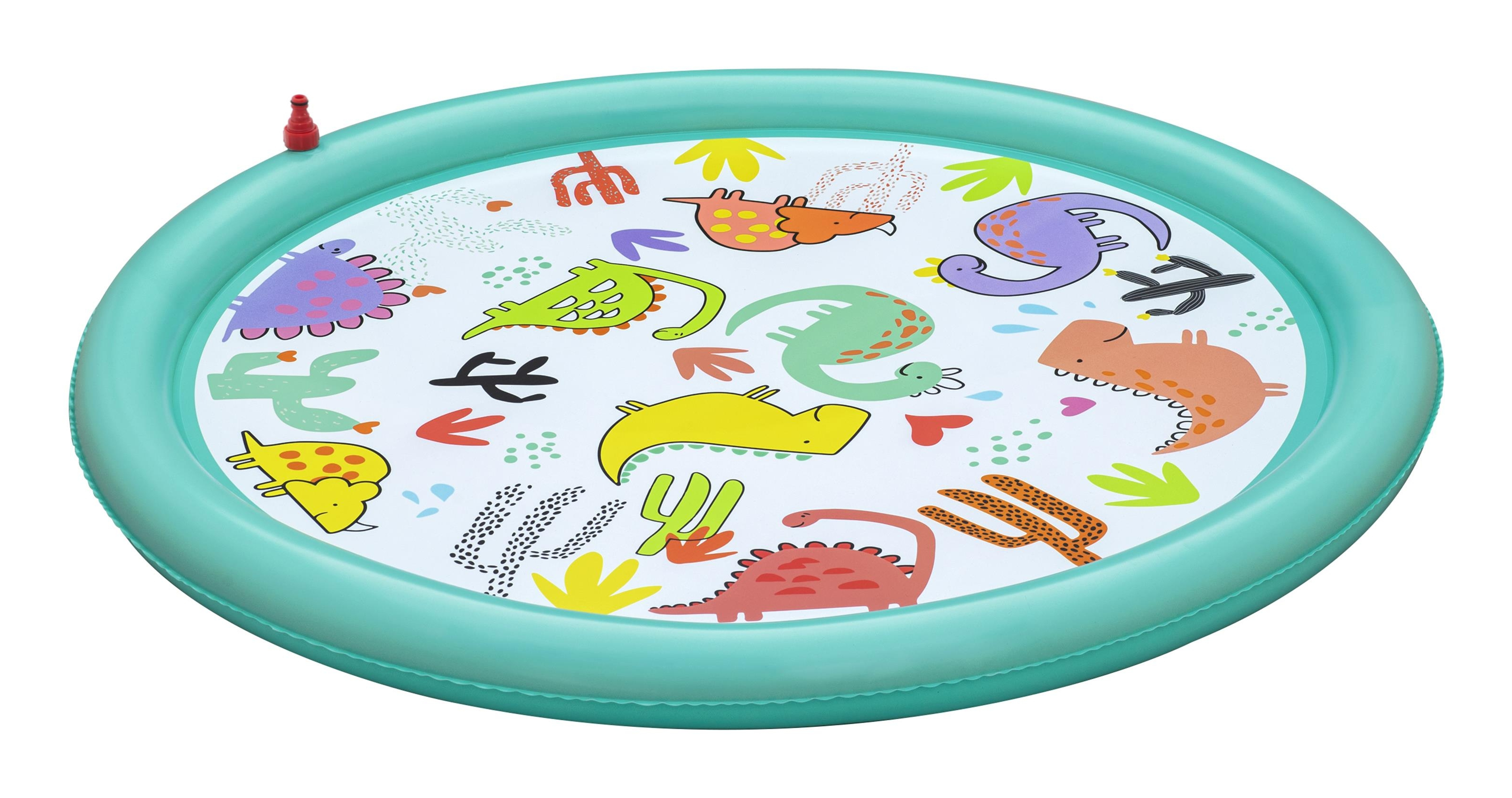 Tappeto gioco circolare con stampa dinosauri. Bordo verde, sfondo bianco.