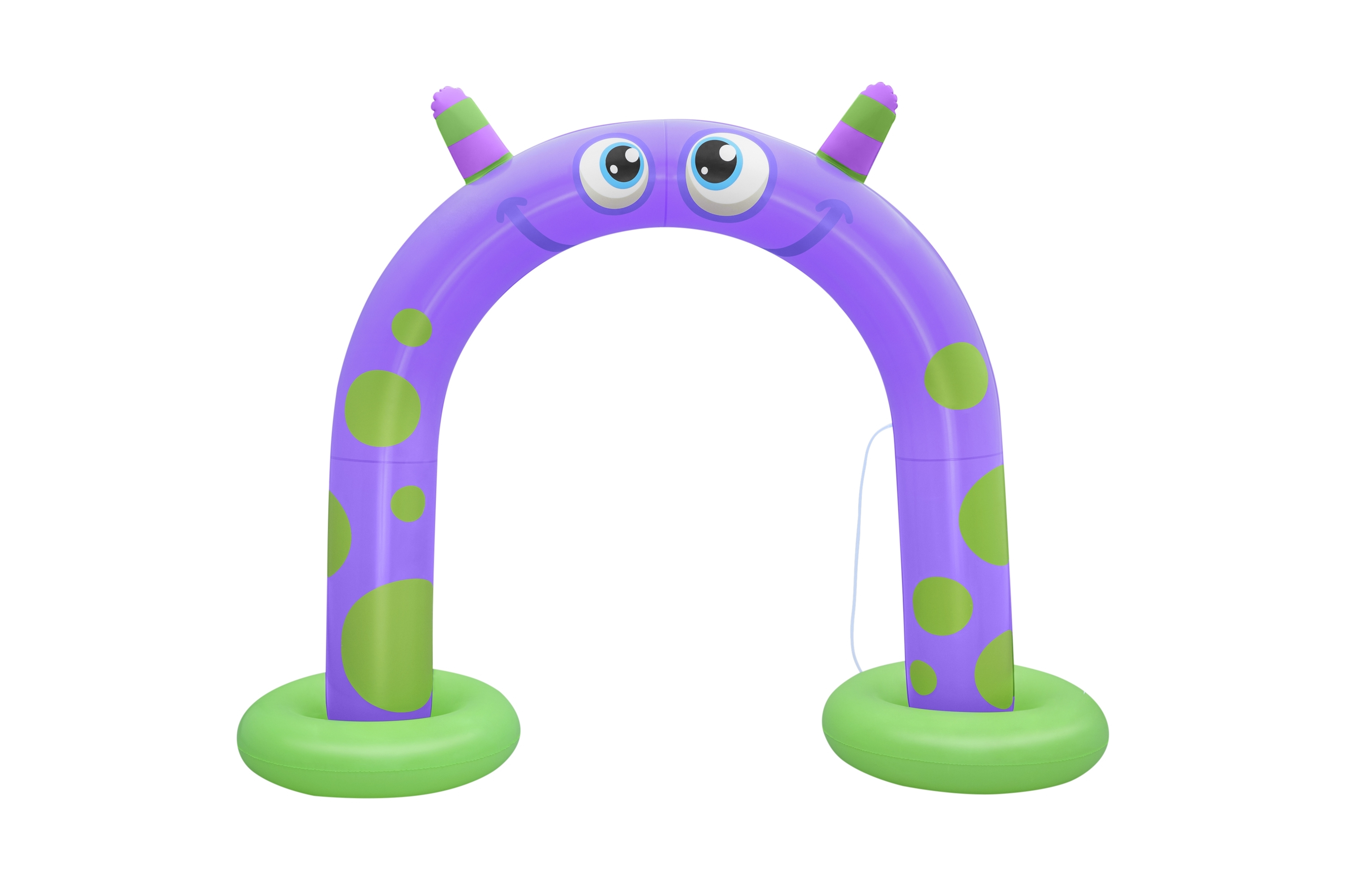 Fioletowy nadmuchiwany łuk z zielonymi kropkami i zielonymi stopami, z wesołą miną potwora.