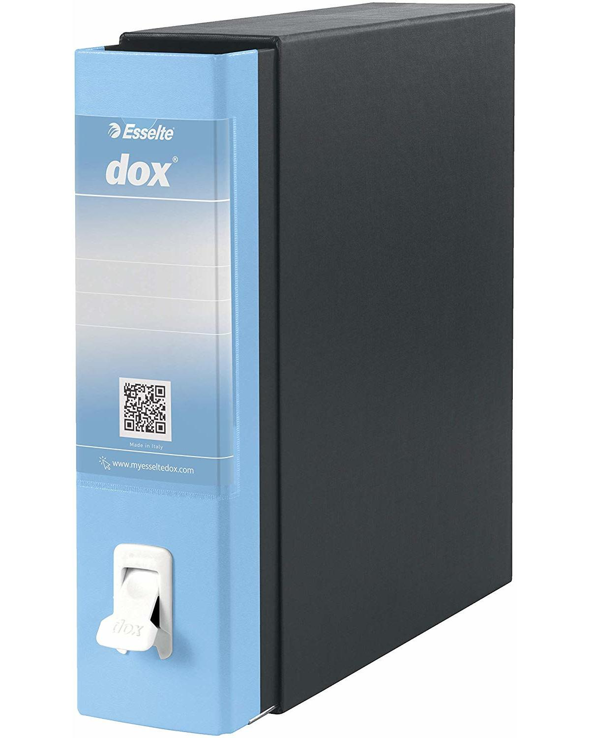 Niebiesko-czarny segregator biurowy z białą etykietą, kodem QR i białym mechanizmem zamykającym.