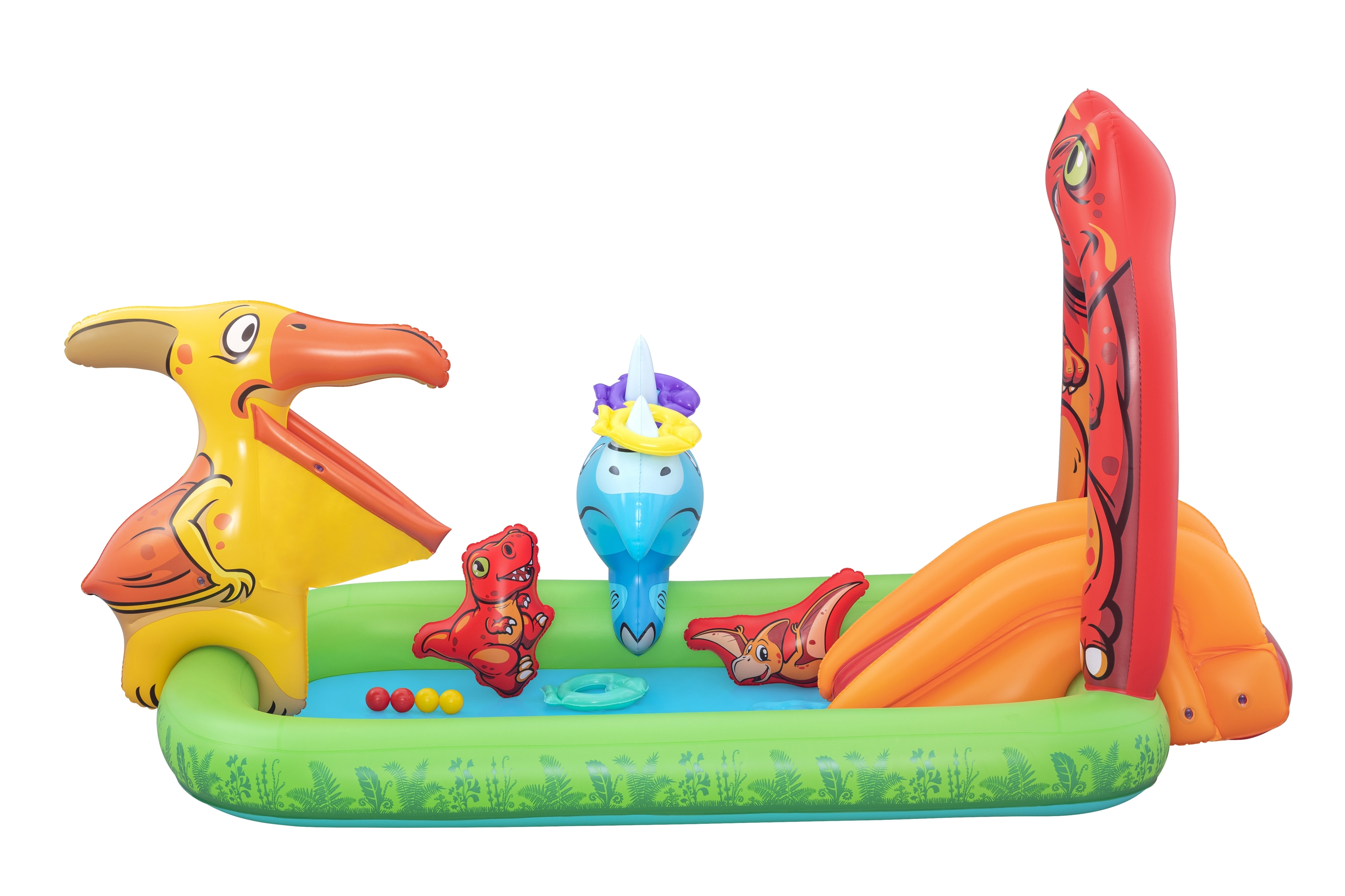 Piscina inflable de dinosaurios con tobogán y juguetes. Se ven colores verde, amarillo y rojo.