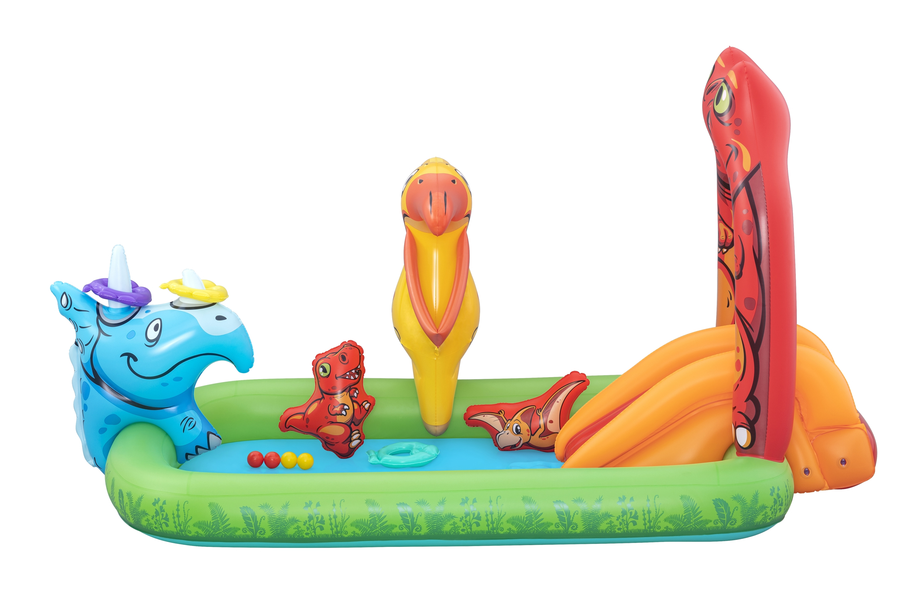 Piscina inflable con tobogán, peces y pulpo. Se ven colores azul, naranja y morado.