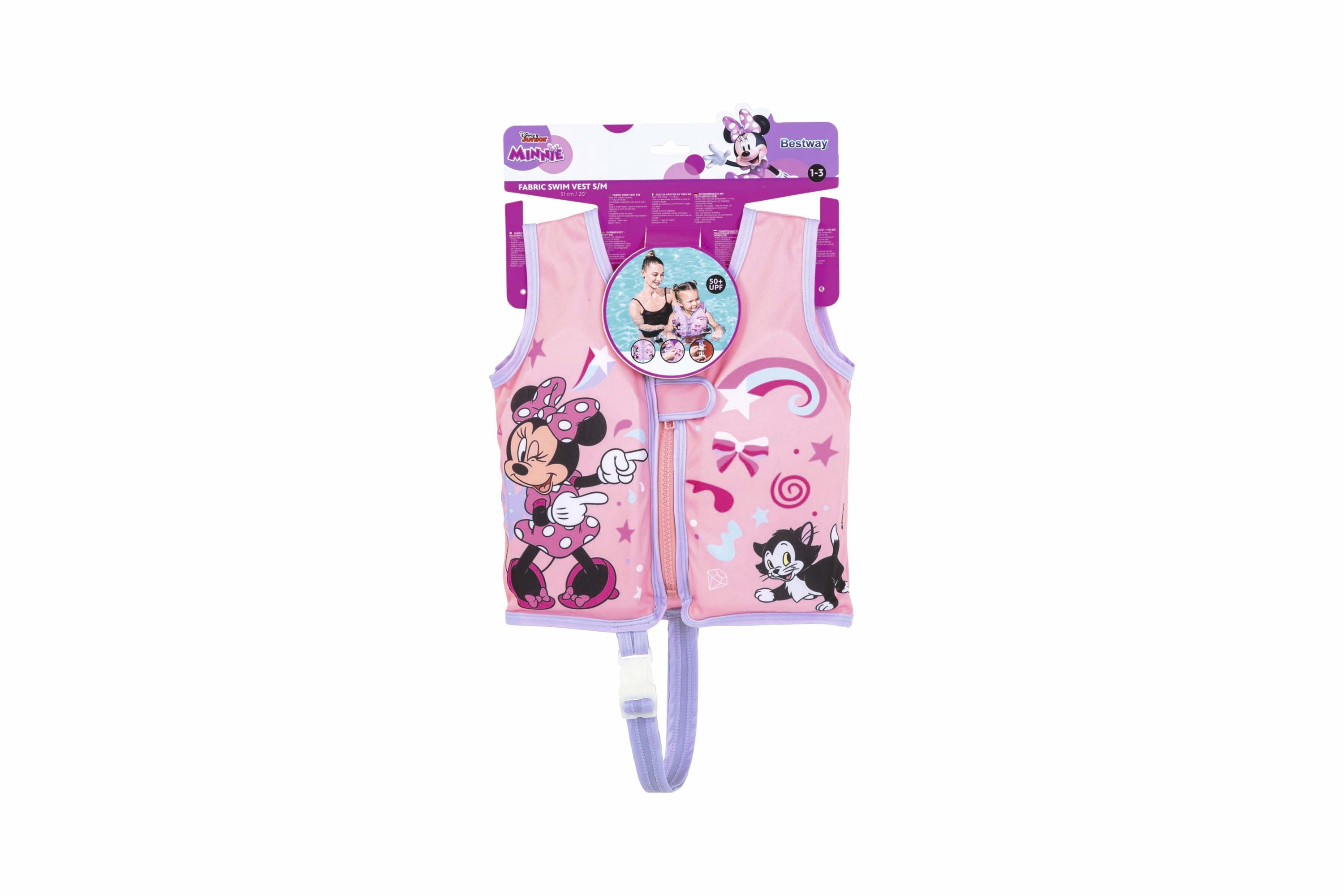 Gilet di salvataggio rosa di Minnie Mouse con cerniera, fiocco, gatto e stelle.