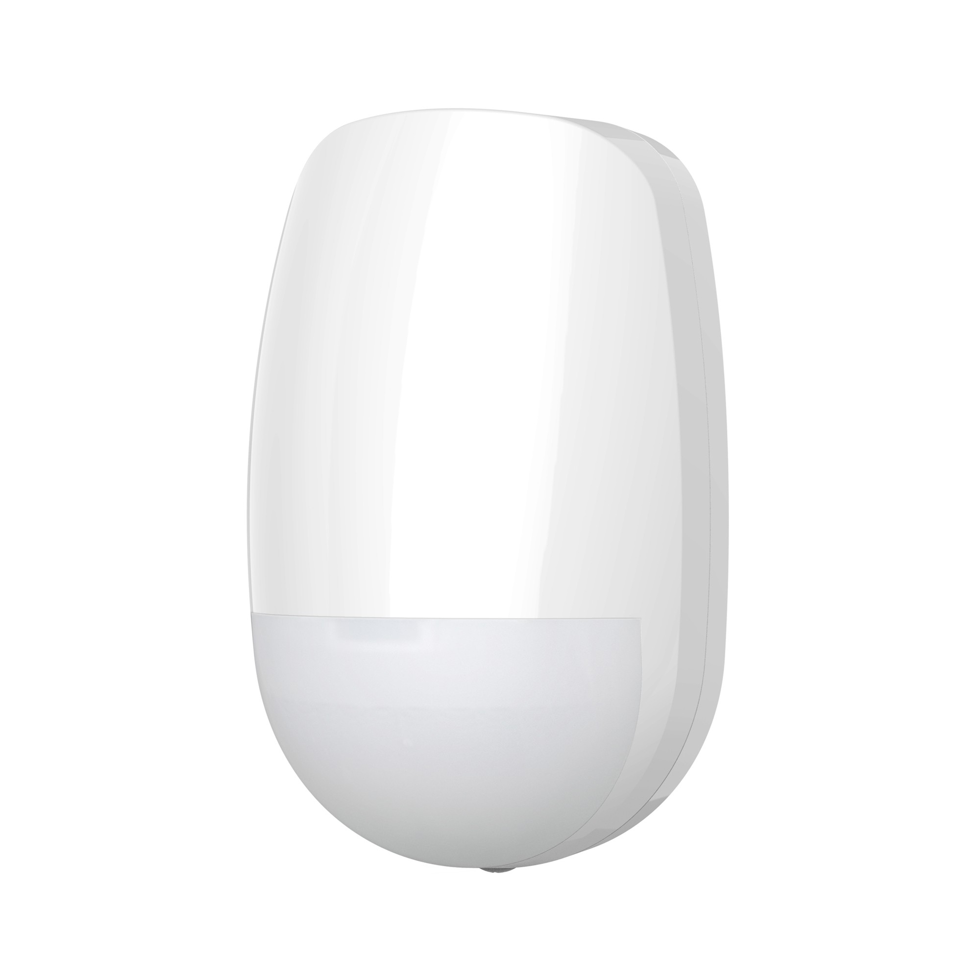 Biały czujnik ruchu, zaokrąglony u góry i na dole, z przezroczystą dolną częścią.