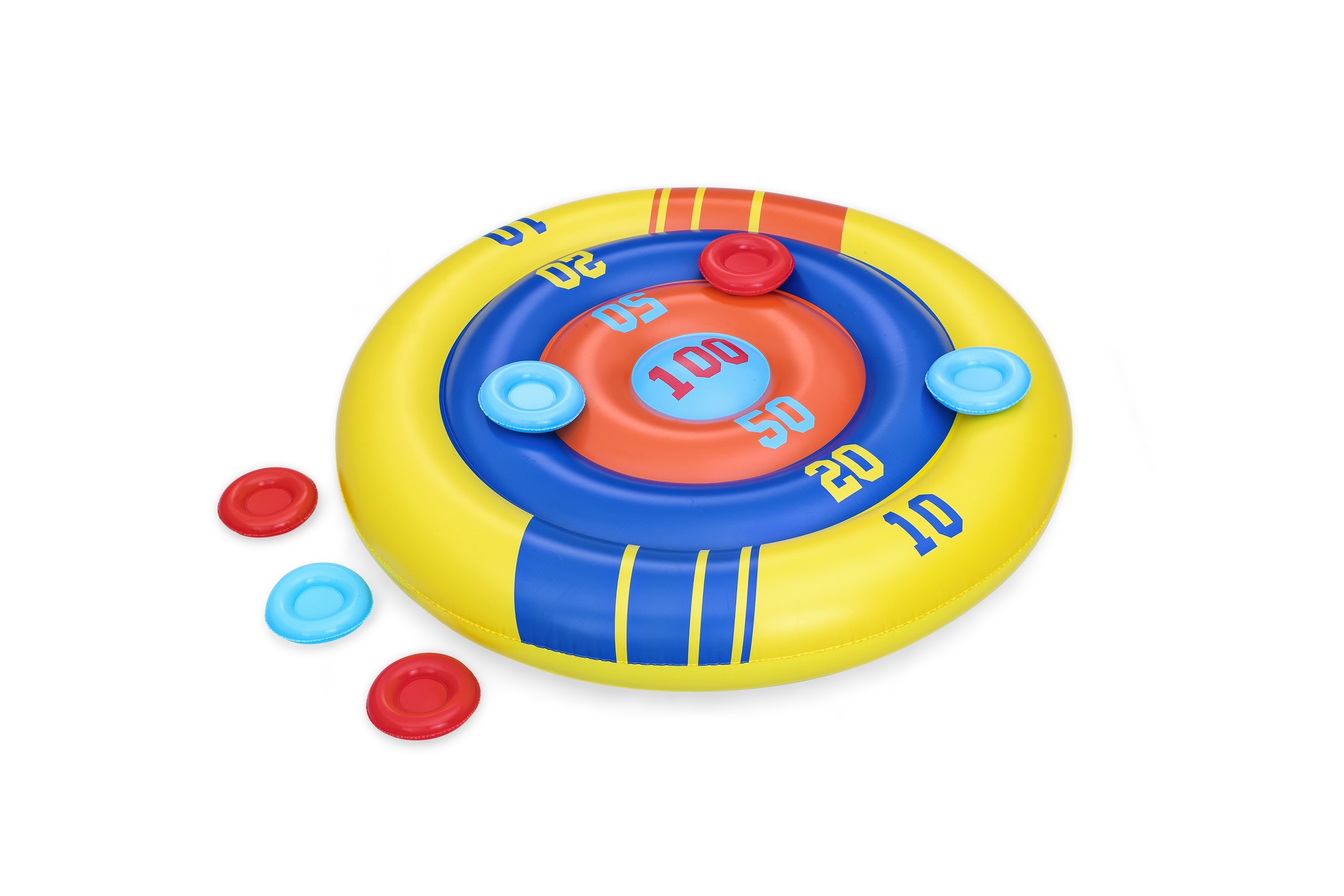 Okrągła, nadmuchiwana tarcza do rzutek w kolorach czerwonym, niebieskim i żółtym. Rozrzucone kolorowe krążki.