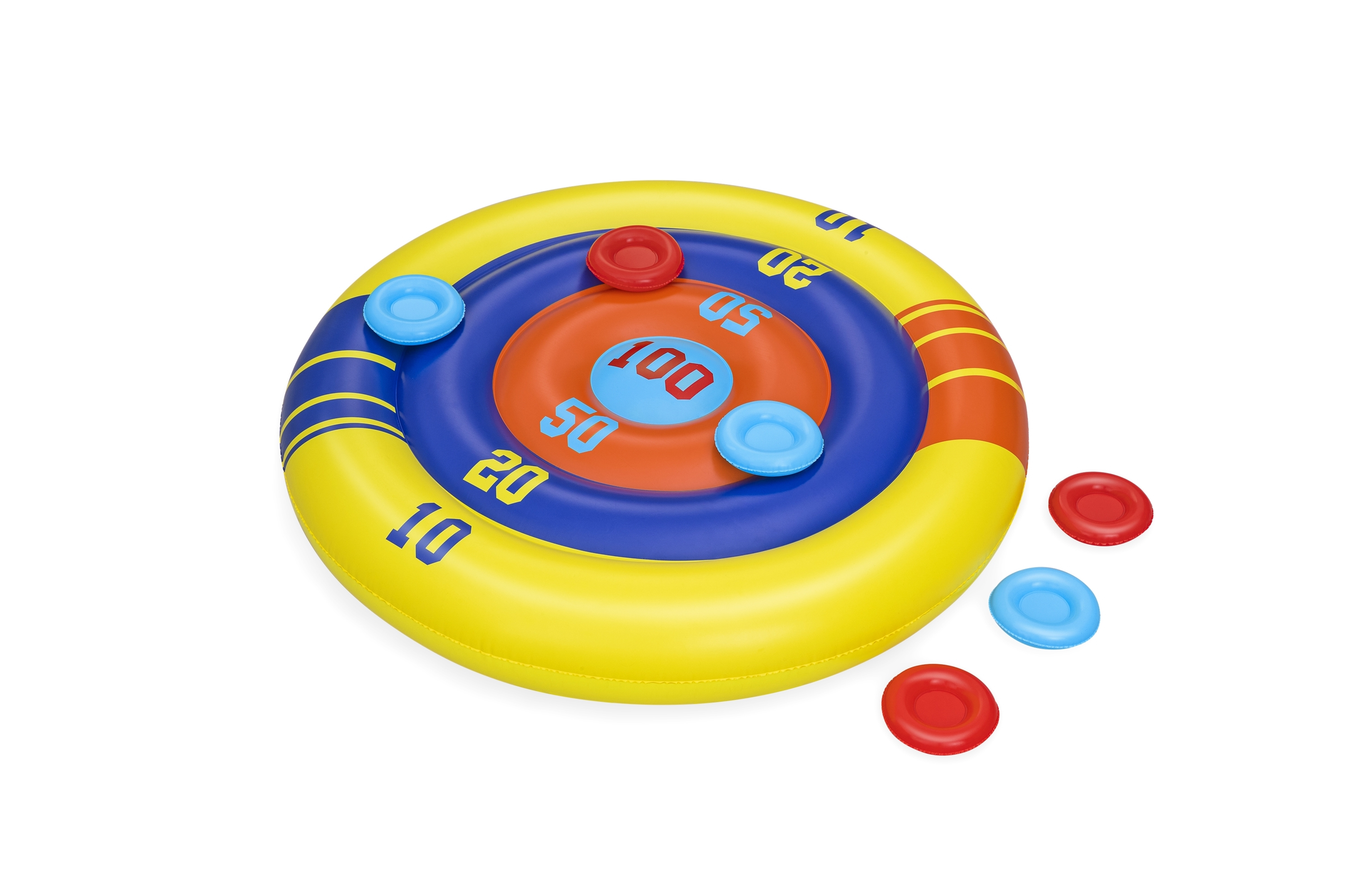 Okrągła, nadmuchiwana tarcza do rzutek w kolorach czerwonym, niebieskim i żółtym. Rozrzucone kolorowe krążki.