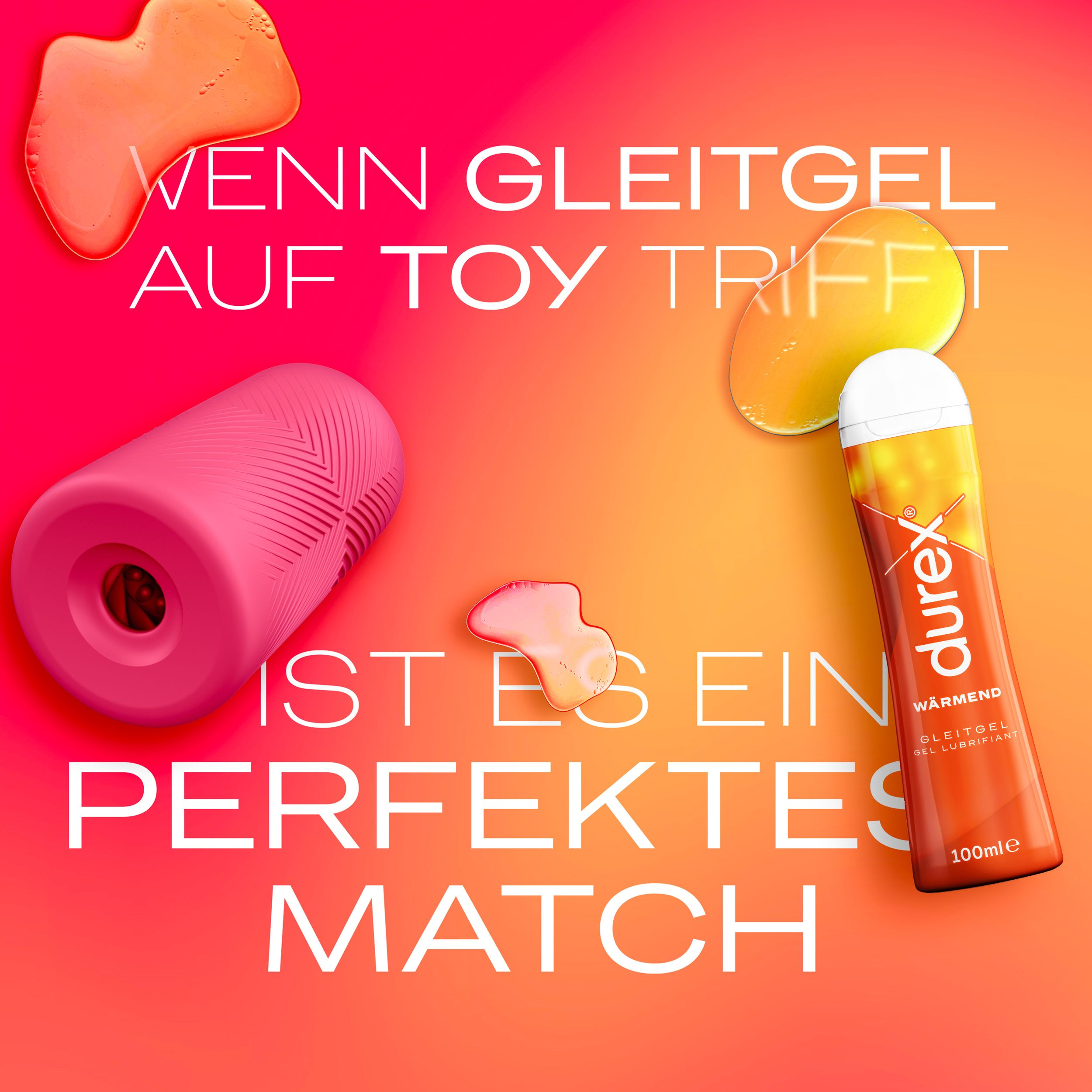 Reklama z tekstem i produktami: różowy wibrator, lubrykant Durex i plamy. Tak samo jak na poprzednim zdjęciu.