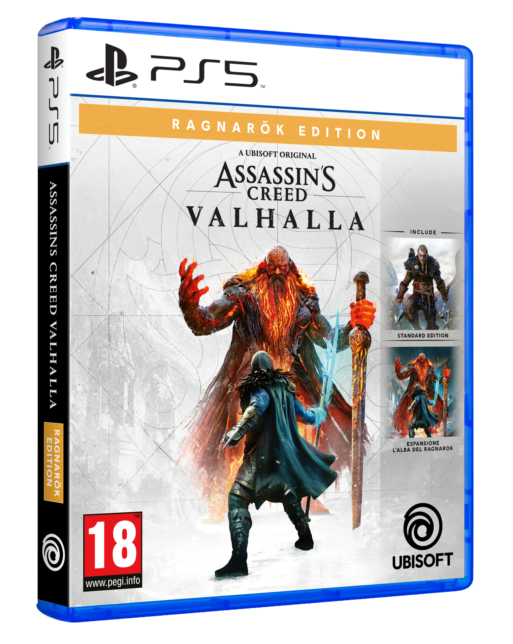 Scatola di videogiochi con un guerriero e un uomo barbuto. Il gioco è per PS5.