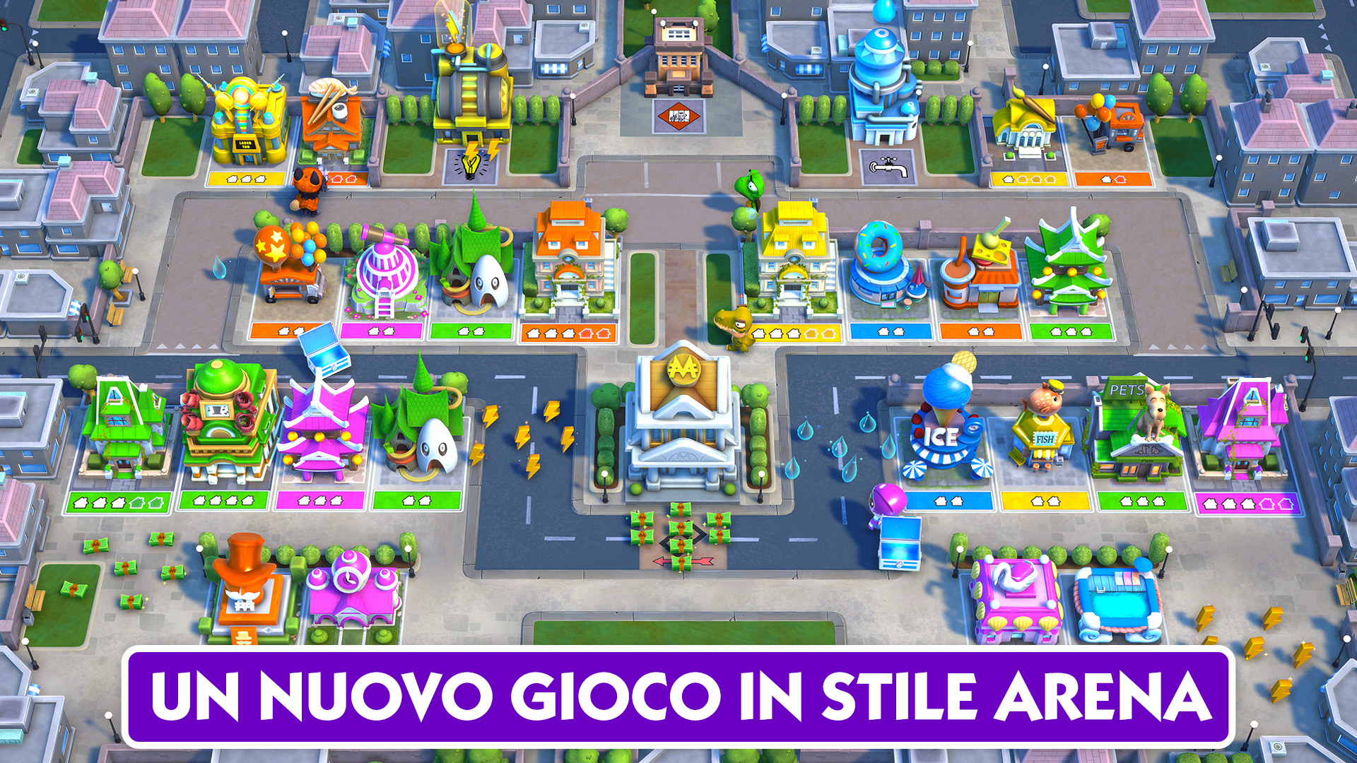 Kolorowa gra o budowaniu miasta z włoskim tekstem: 'Nowa gra w stylu areny'.