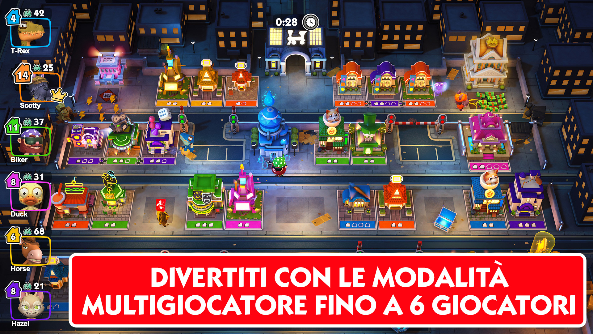 Scena z gry o budowaniu miasta z tekstem: 'Baw się w trybach wieloosobowych do 6 graczy'.