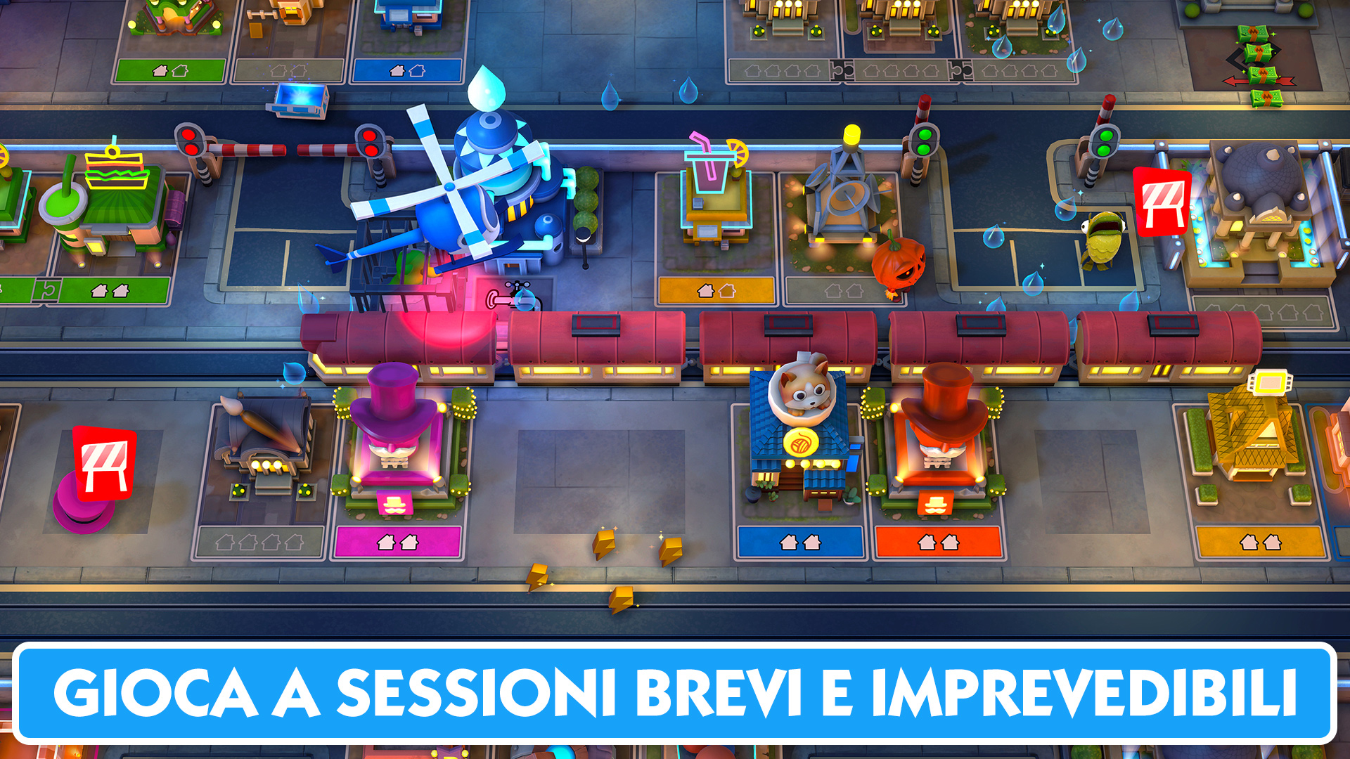Gra o budowaniu miasta z pociągiem i włoskim tekstem: 'Graj w krótkich i nieprzewidywalnych sesjach'.