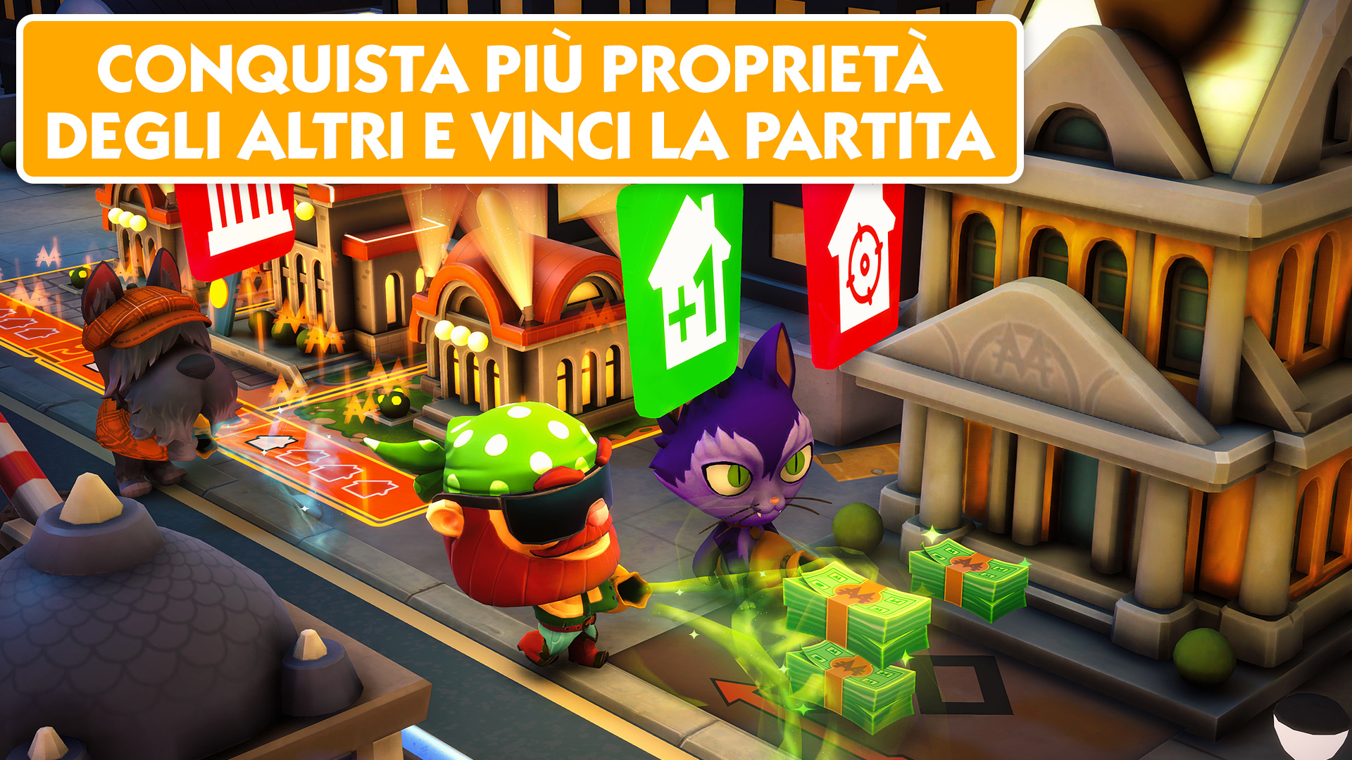 Gra o budowaniu miasta z tekstem: 'Zdobywaj więcej nieruchomości niż inni i wygraj grę'.