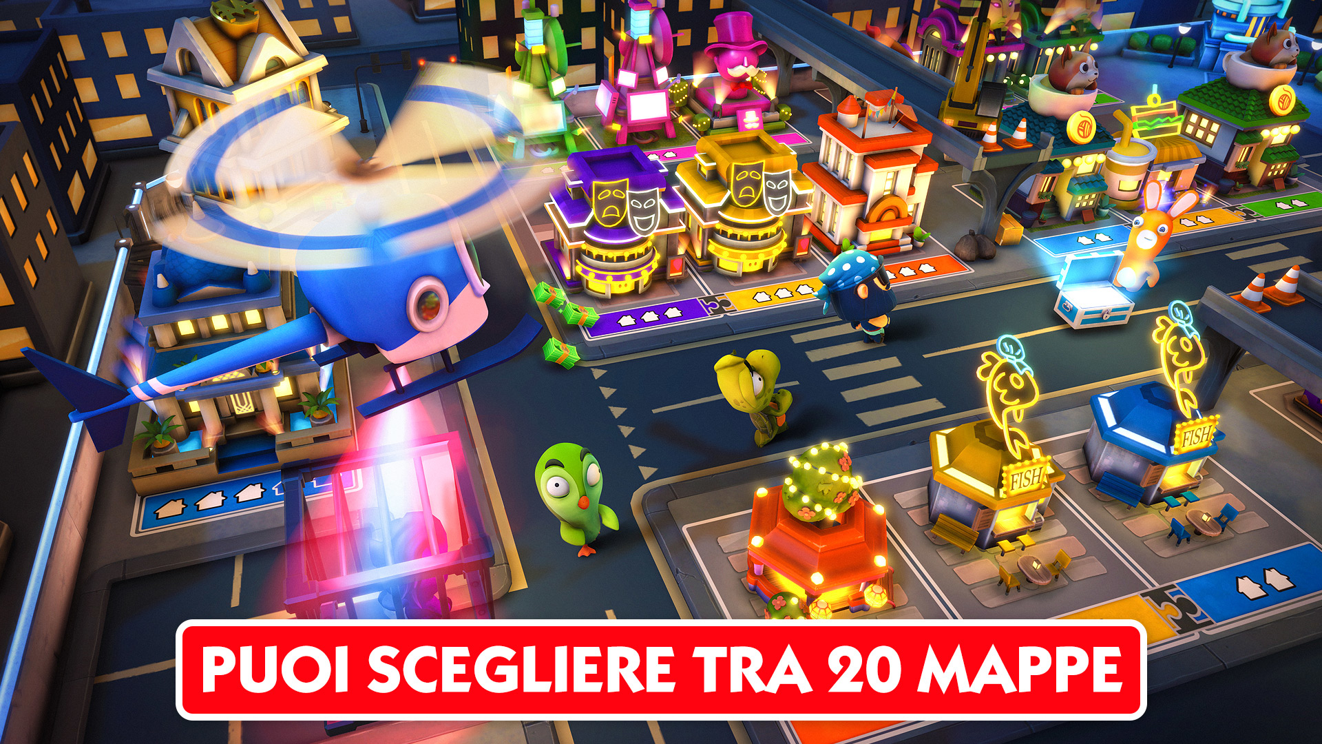 Una scena cittadina da un gioco, con edifici, un elicottero e personaggi con fumetti.