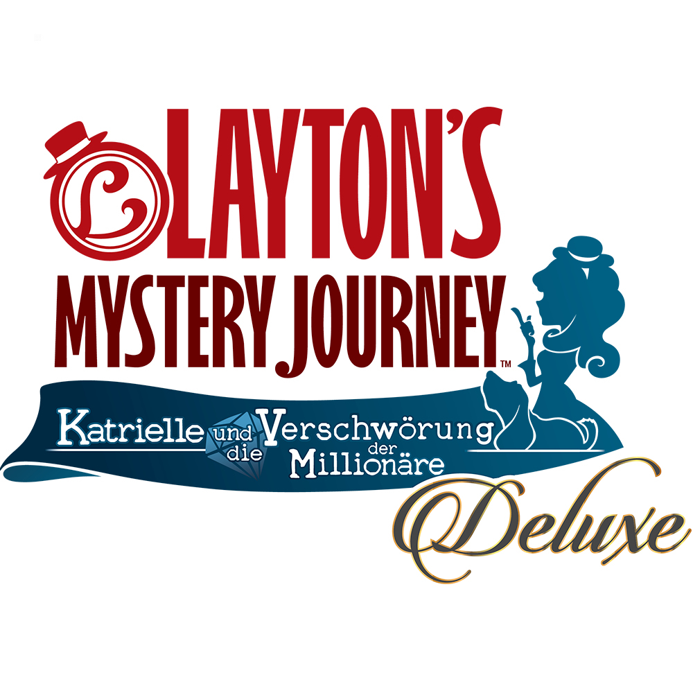 Logo Layton's Mystery Journey Deluxe. Tekst w kolorze czerwonym i niebieskim z sylwetką kobiety.