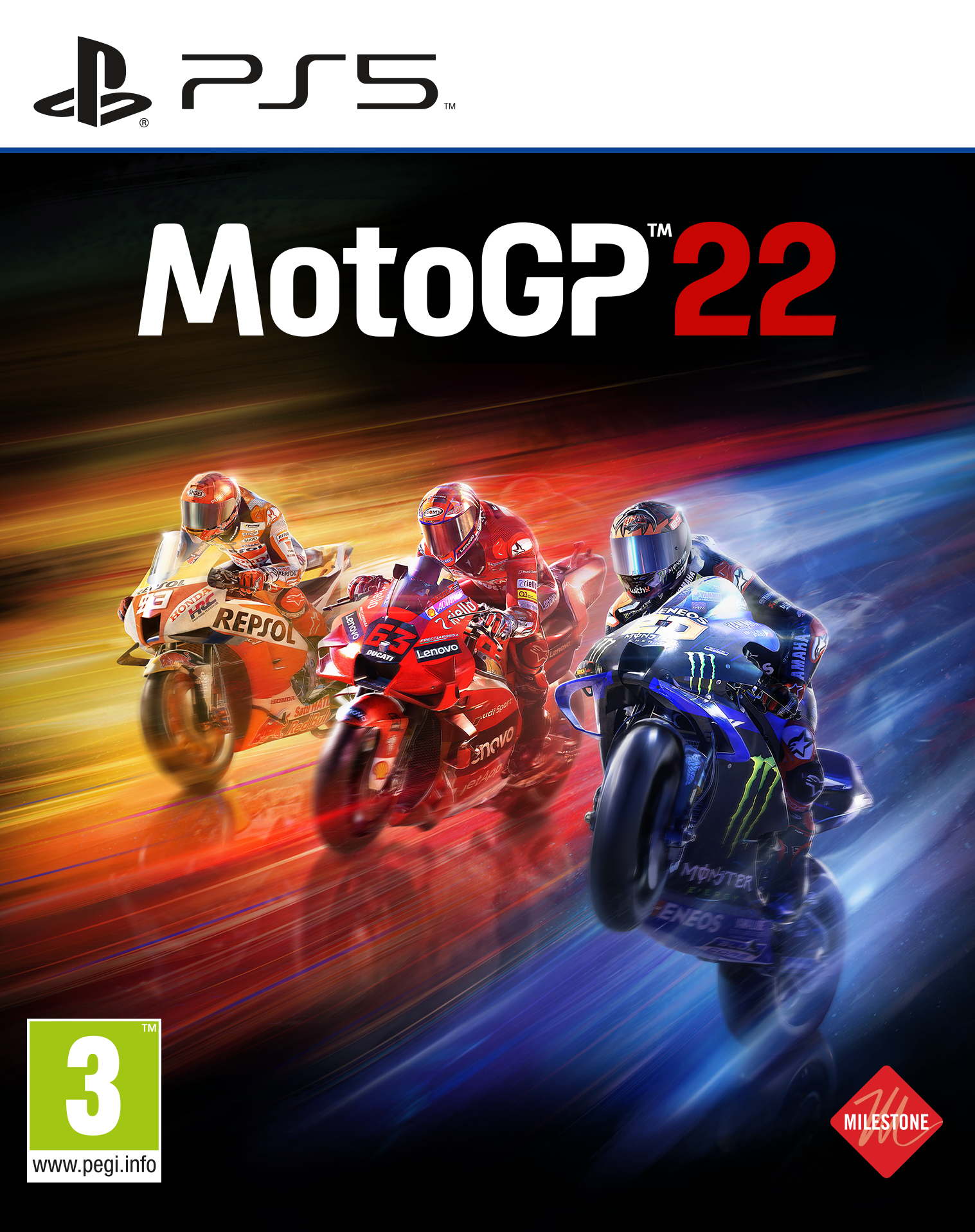 Okładka gry MotoGP 22. Zawodnicy na motocyklach w wyścigu. Logo PS5 u góry.