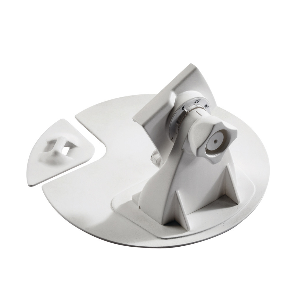 Białe plastikowe wsparcie dla sprzętu fotograficznego. Zawiera okrągłą podstawę i regulowane elementy.