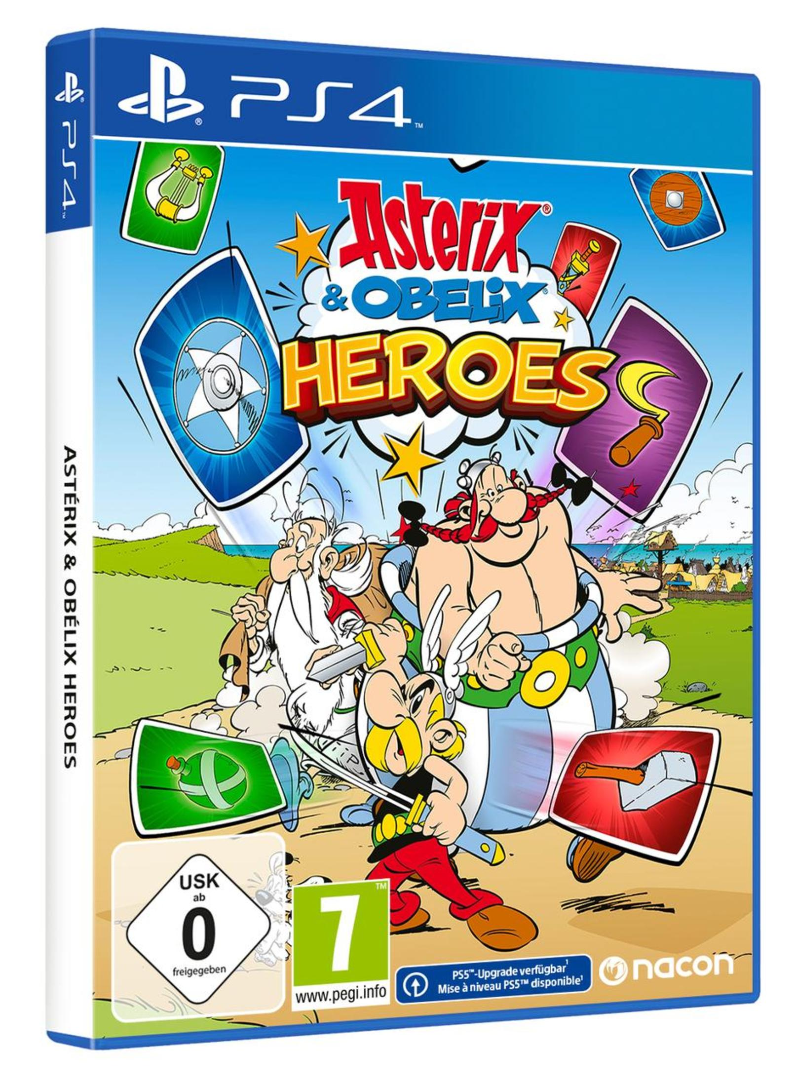 Spielbox, 'Asterix & Obelix Heroes' Cover, mit Figuren und Spielelementen vor blauem Himmel.