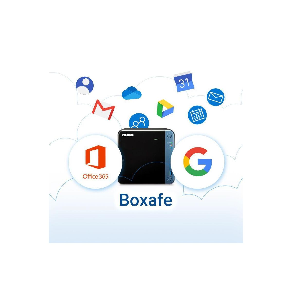 Pudełko QNAP z logo Boxafe, otoczone ikonami różnych usług w chmurze.