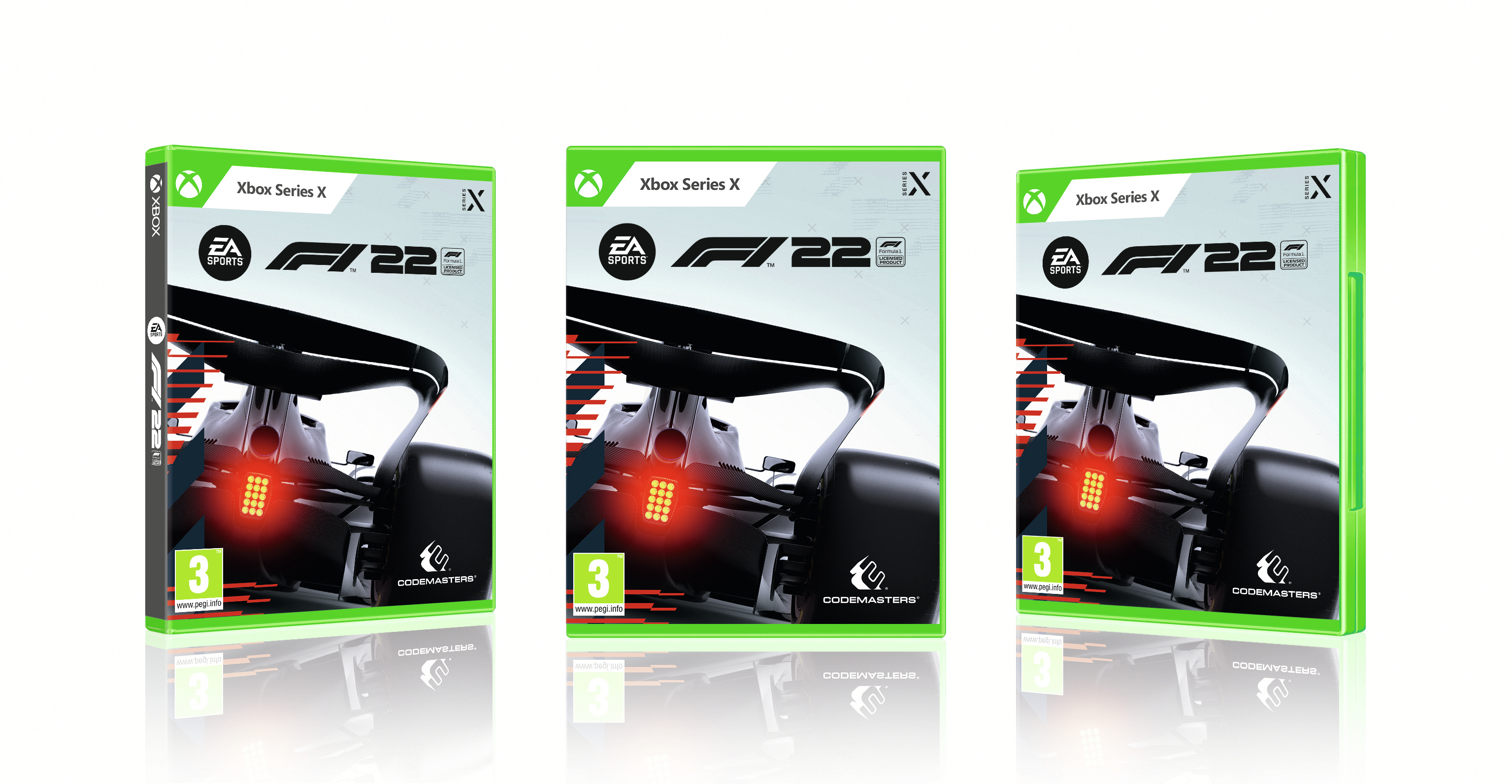 Tres copias del juego F1 22 de Xbox Series X, con una caja verde, sobre un fondo blanco.