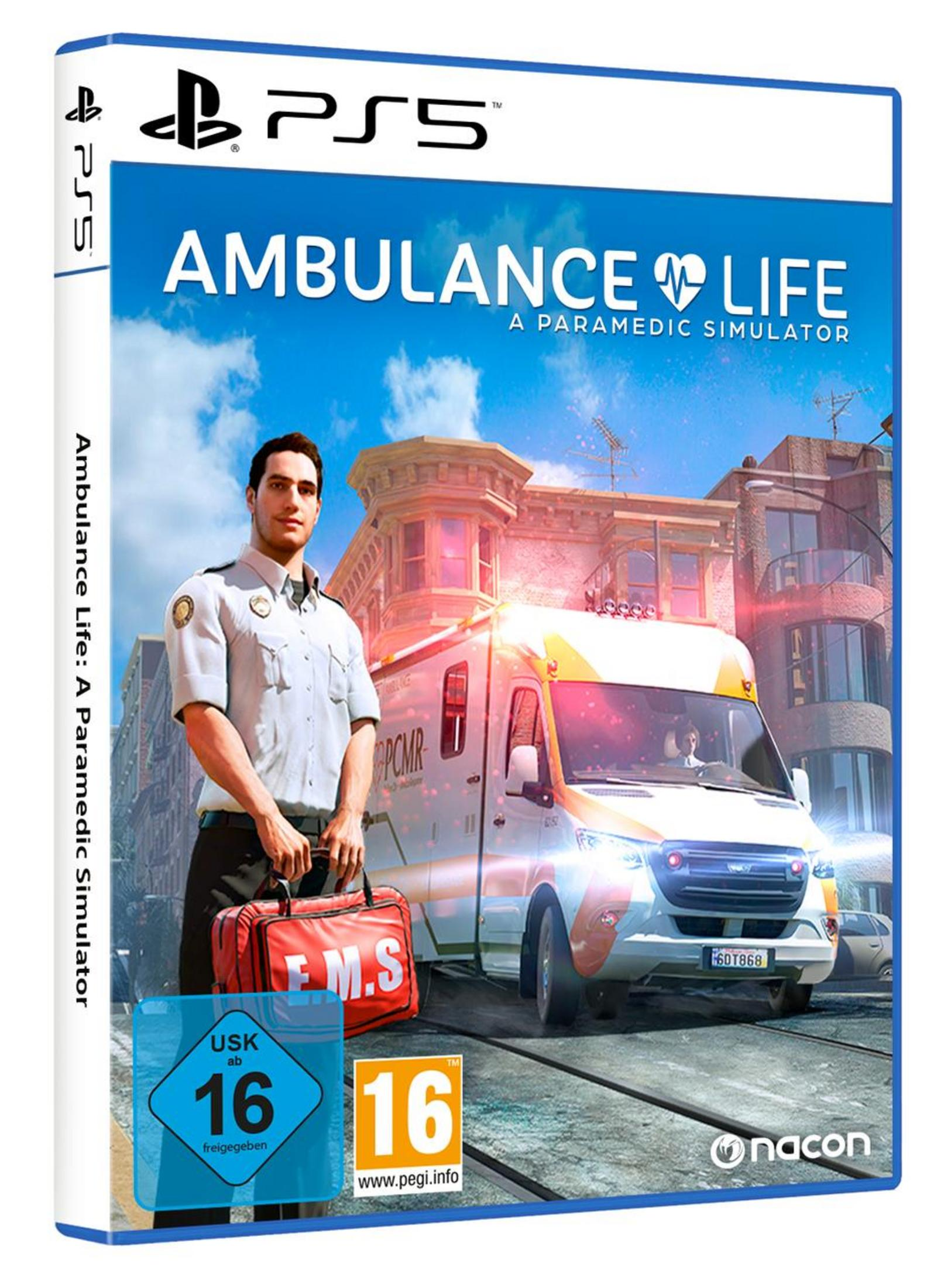 Spielhülle für PS5-Spiel 'Ambulance Life' mit Cover-Art eines Krankenwagens.