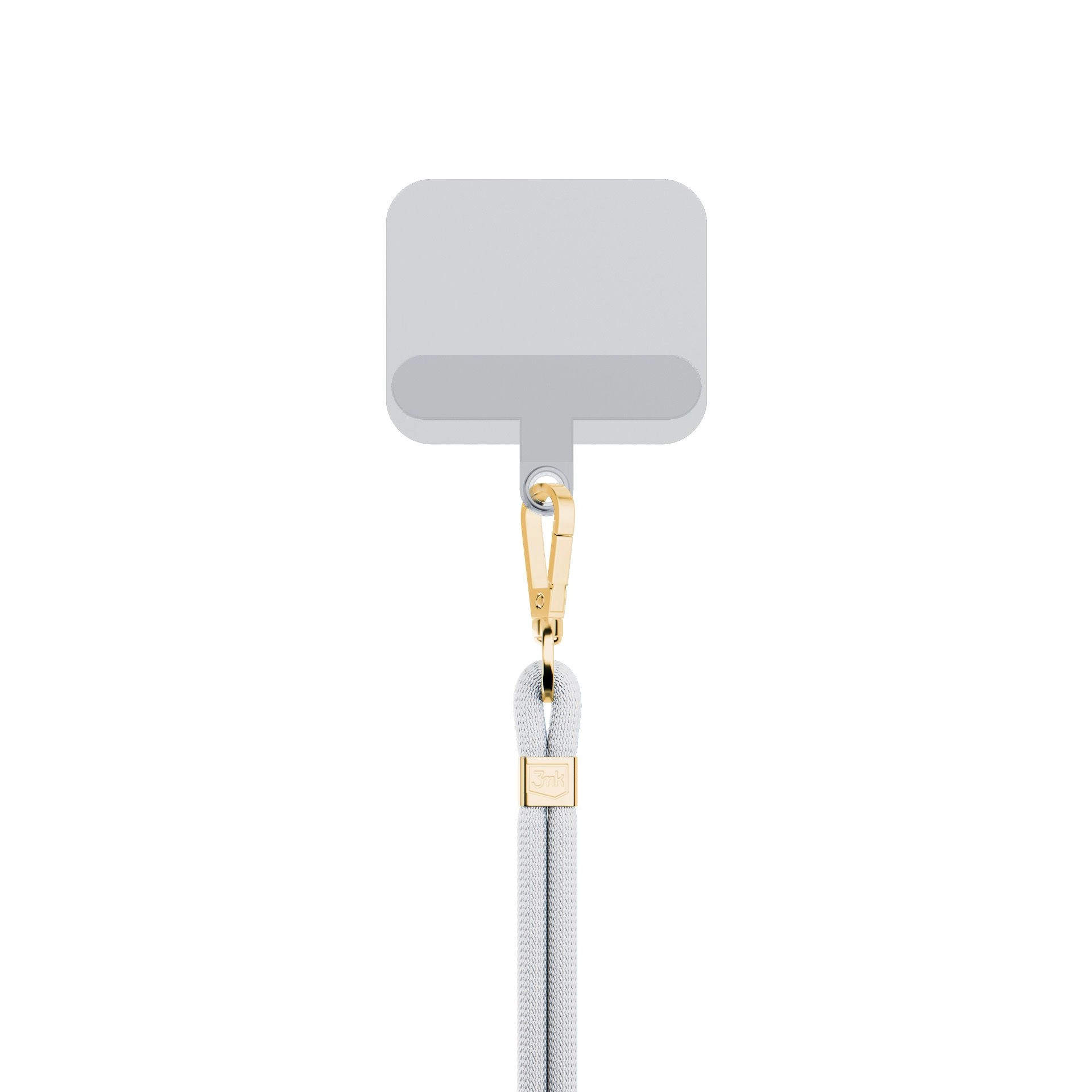 Biała smycz do telefonu ze złotą klamrą, z białym kwadratowym uchwytem na telefon.