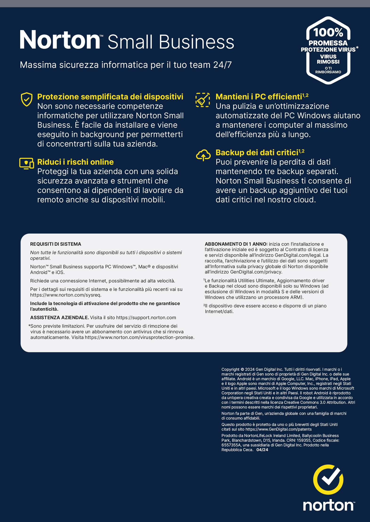 Arkusz informacyjny Norton Small Business. Żółte tło z tekstem i grafiką, promujące funkcje bezpieczeństwa.