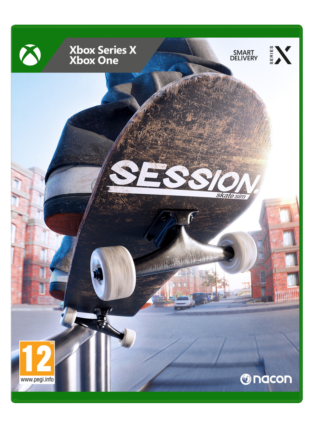 Scatola gioco Xbox Series X. Gioco di skateboard 'Session'. Lo skateboard è centrale.