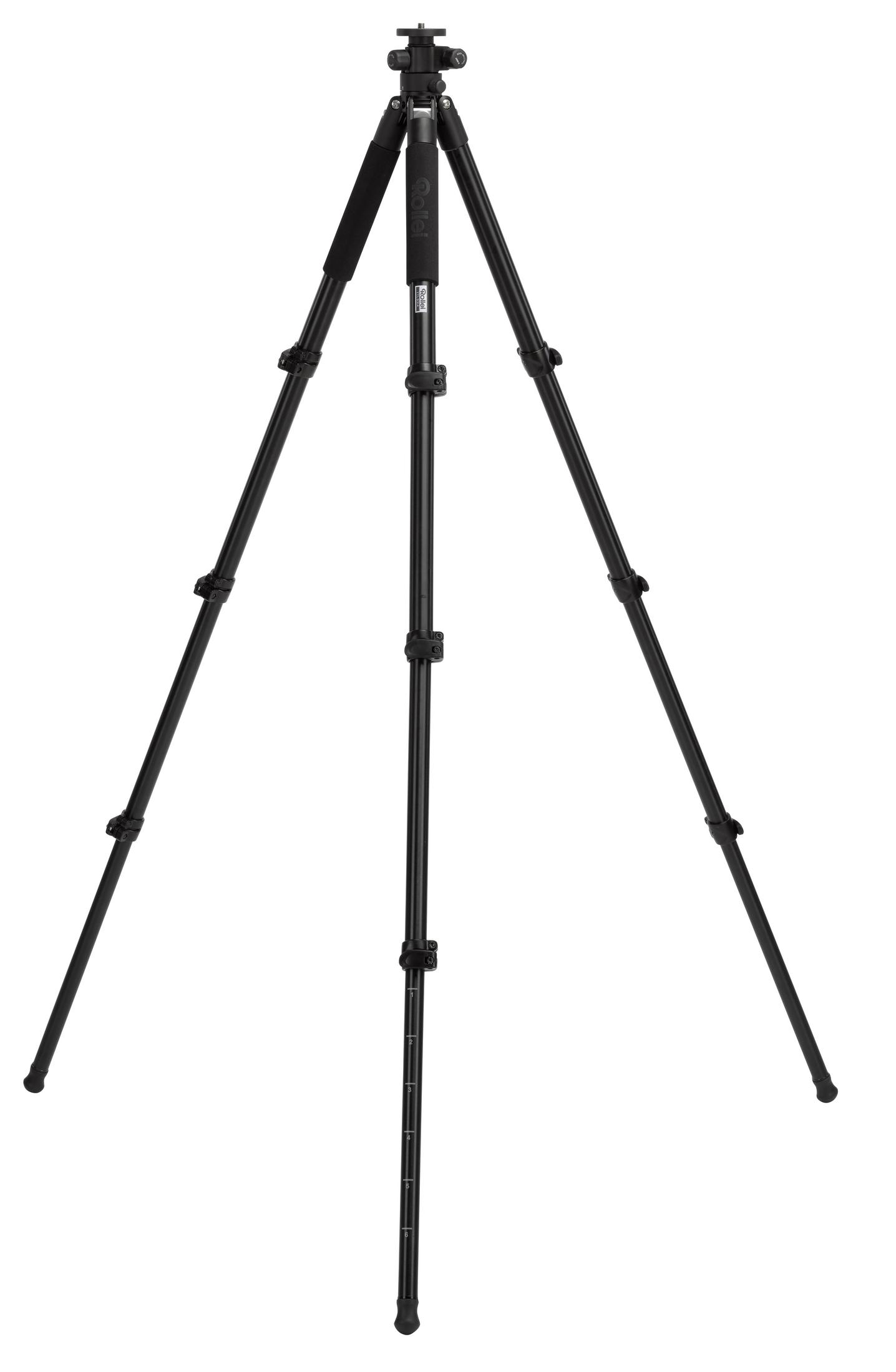 Czarny statyw z trzema rozłożonymi nogami. Centralna kolumna rozciąga się w górę.