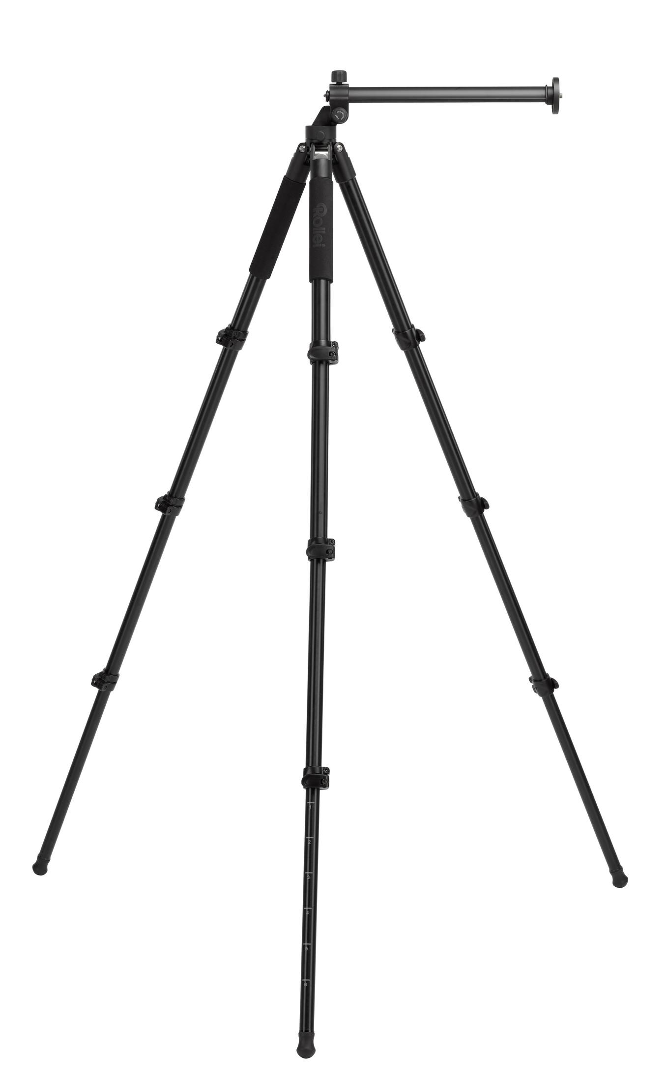 Czarny statyw z trzema nogami i poziomym ramieniem. Białe tło.