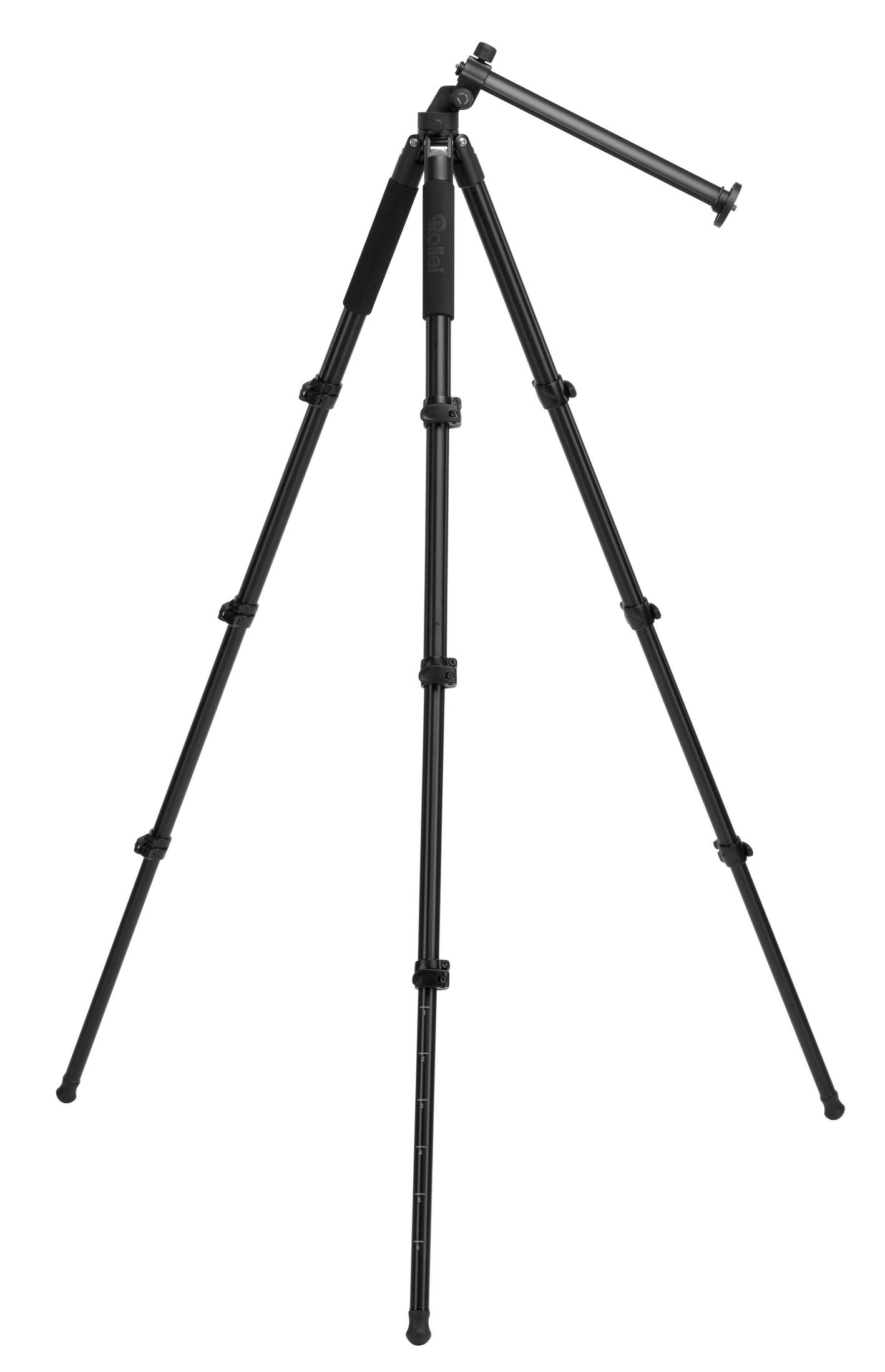 Czarny statyw z trzema nogami i poziomym ramieniem. Białe tło.