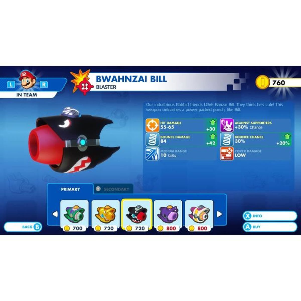 Ekran gry wideo pokazujący broń ze statystykami. Broń to armata z twarzą.