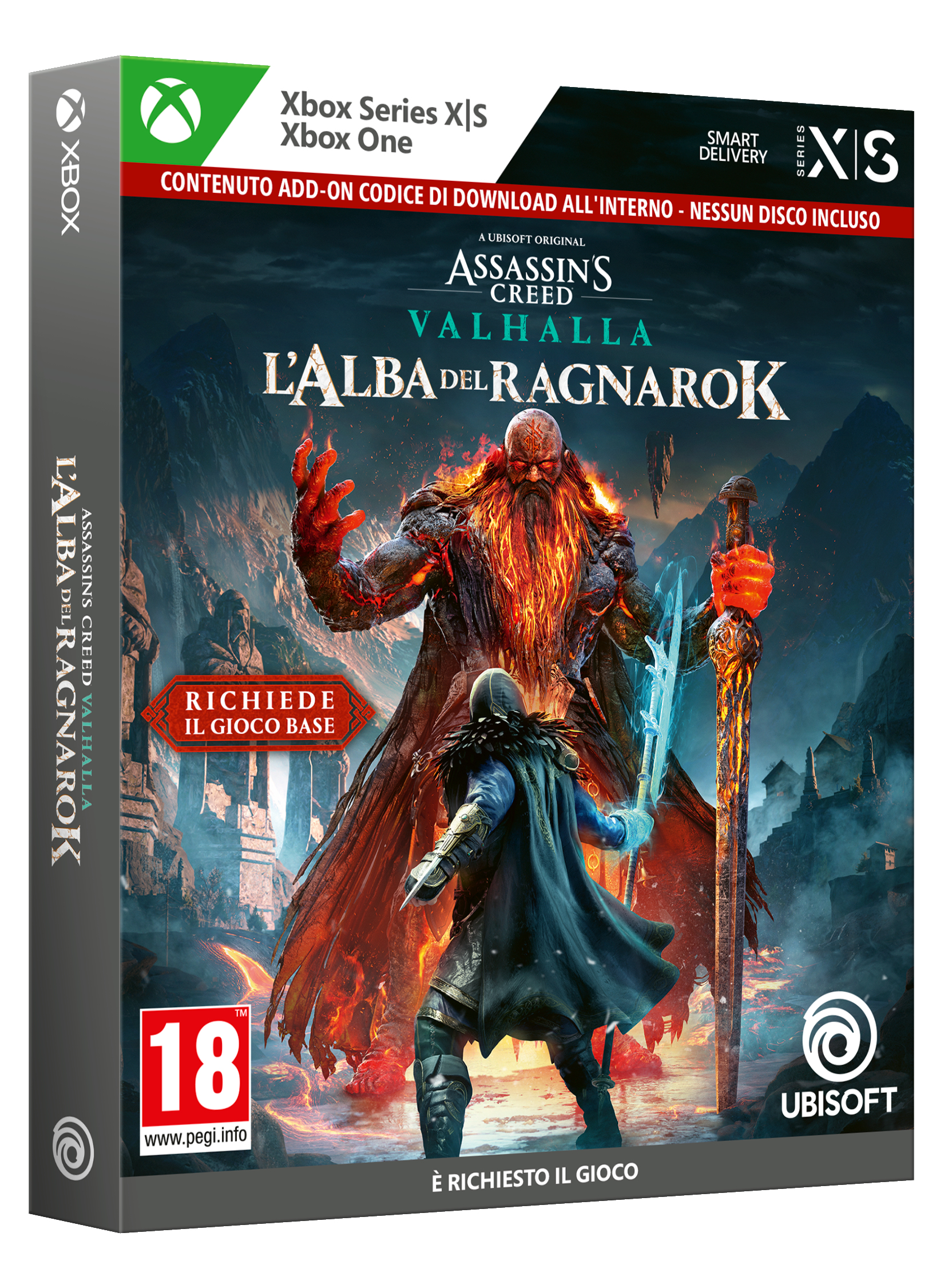 Scatola del gioco Xbox di Assassin's Creed Valhalla: Dawn of Ragnarok. Presenta un guerriero e uno sfondo infuocato.