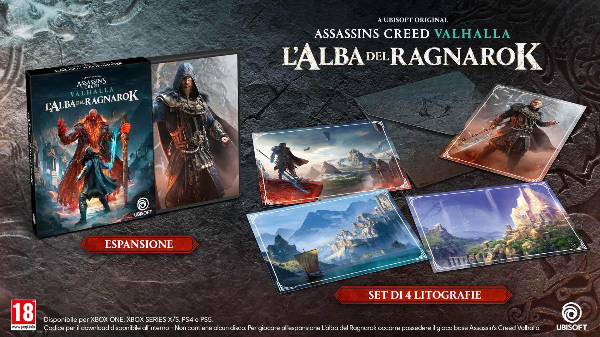 Set scatola di gioco con gioco e litografie. Il gioco è Assassin's Creed Valhalla: Dawn of Ragnarok.