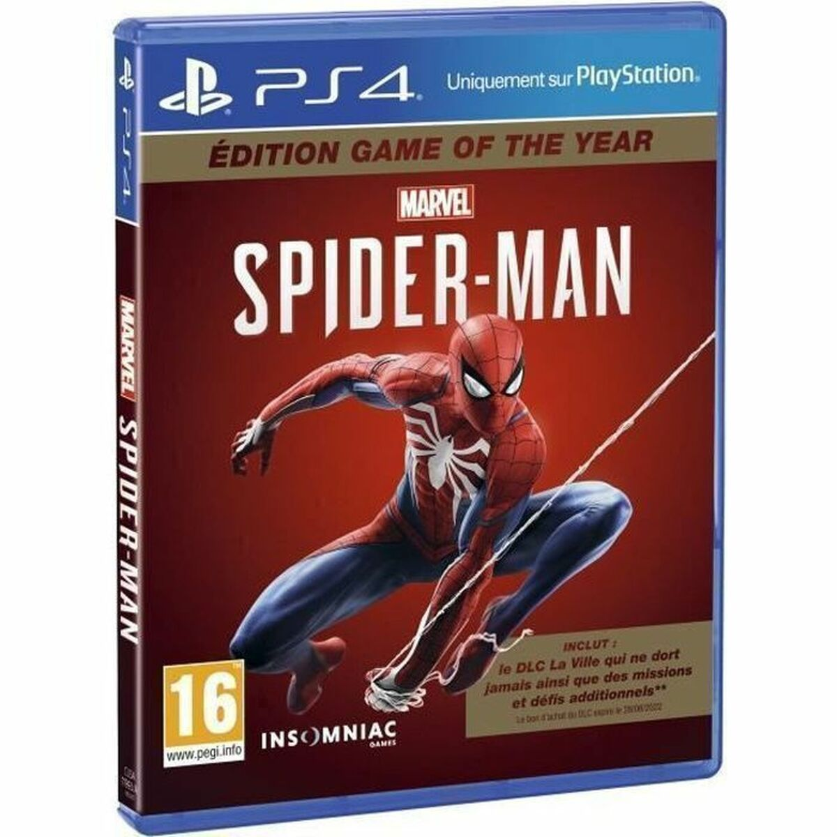 Okładka gry Spider-Man PS4, Spider-Man w akcji, czerwono-niebieski strój.